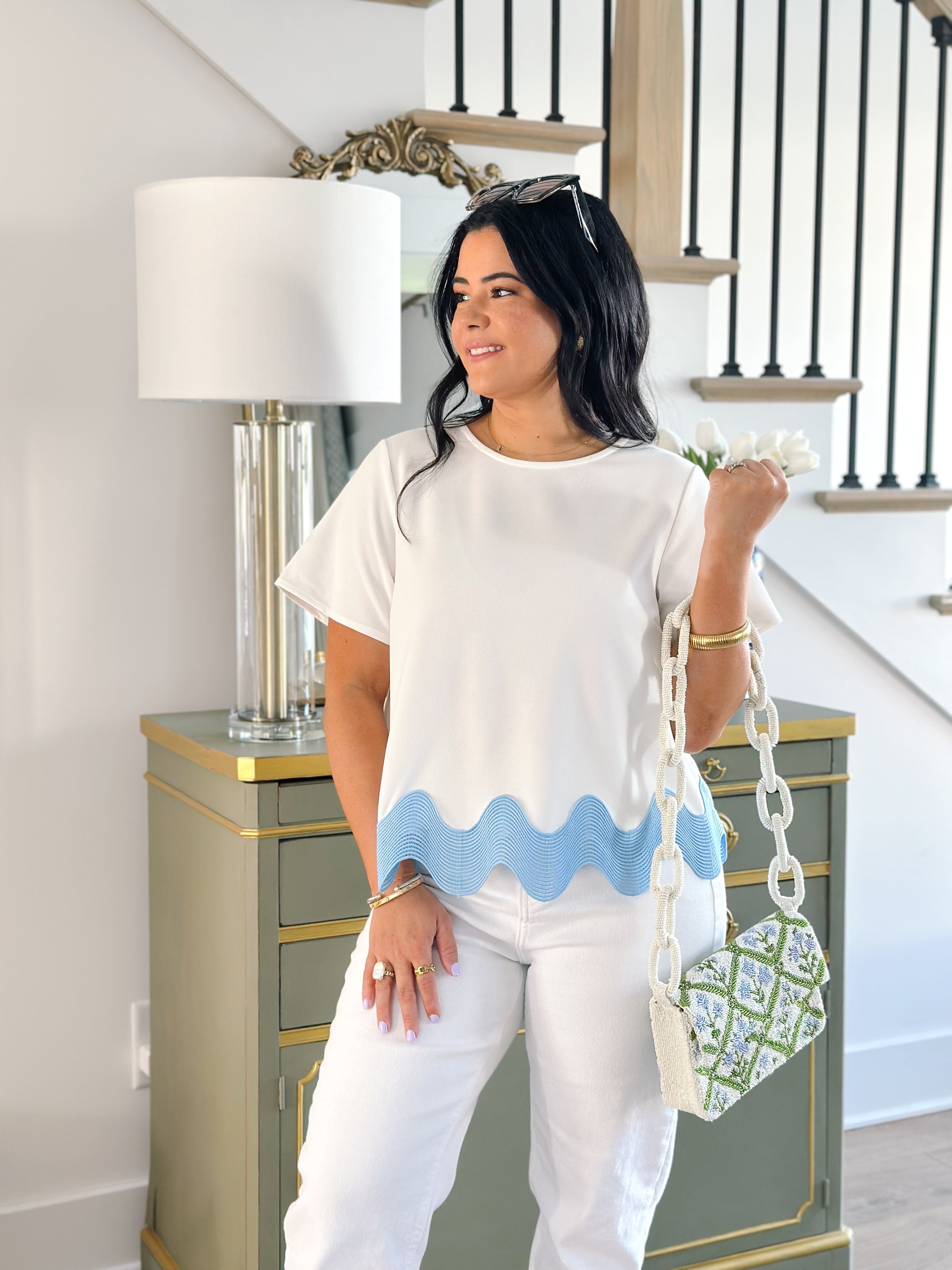 Savannah Blue & White Scallop Top - Southern Roots & Boots