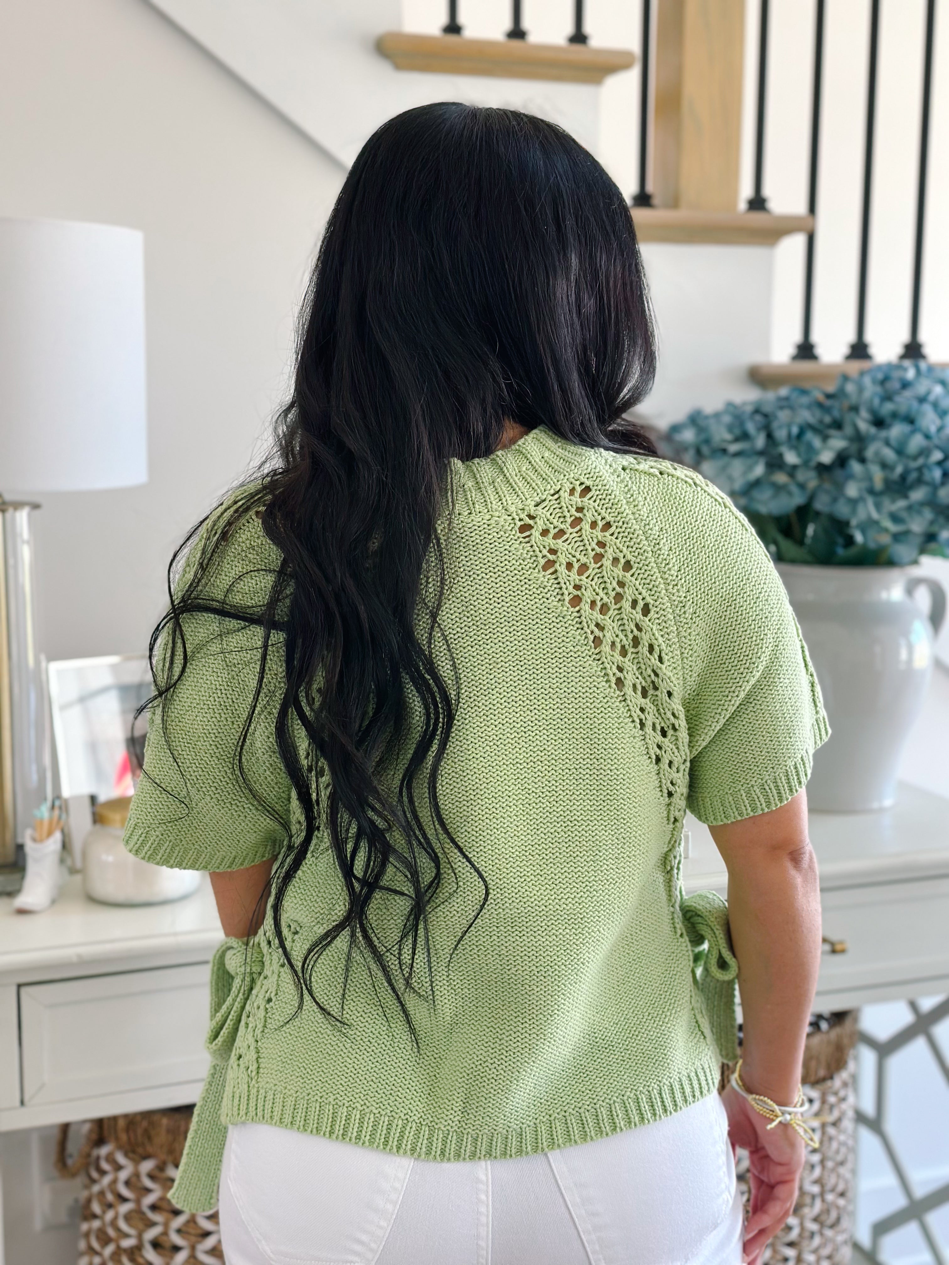 Penelope Key Lime Short Sleeve Sweater Top with Waist Tie - Southern Roots & Boots