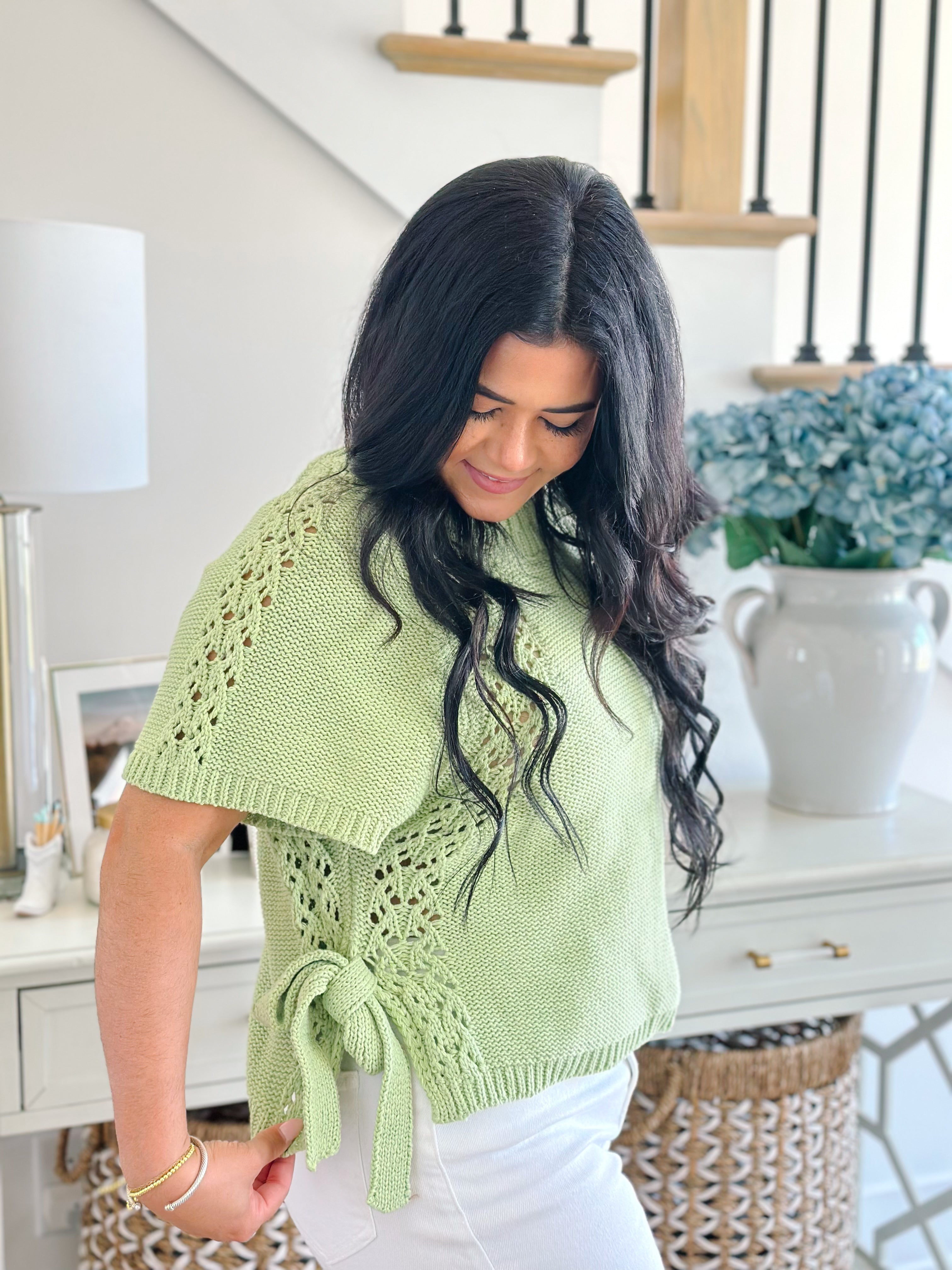 Penelope Key Lime Short Sleeve Sweater Top with Waist Tie - Southern Roots & Boots
