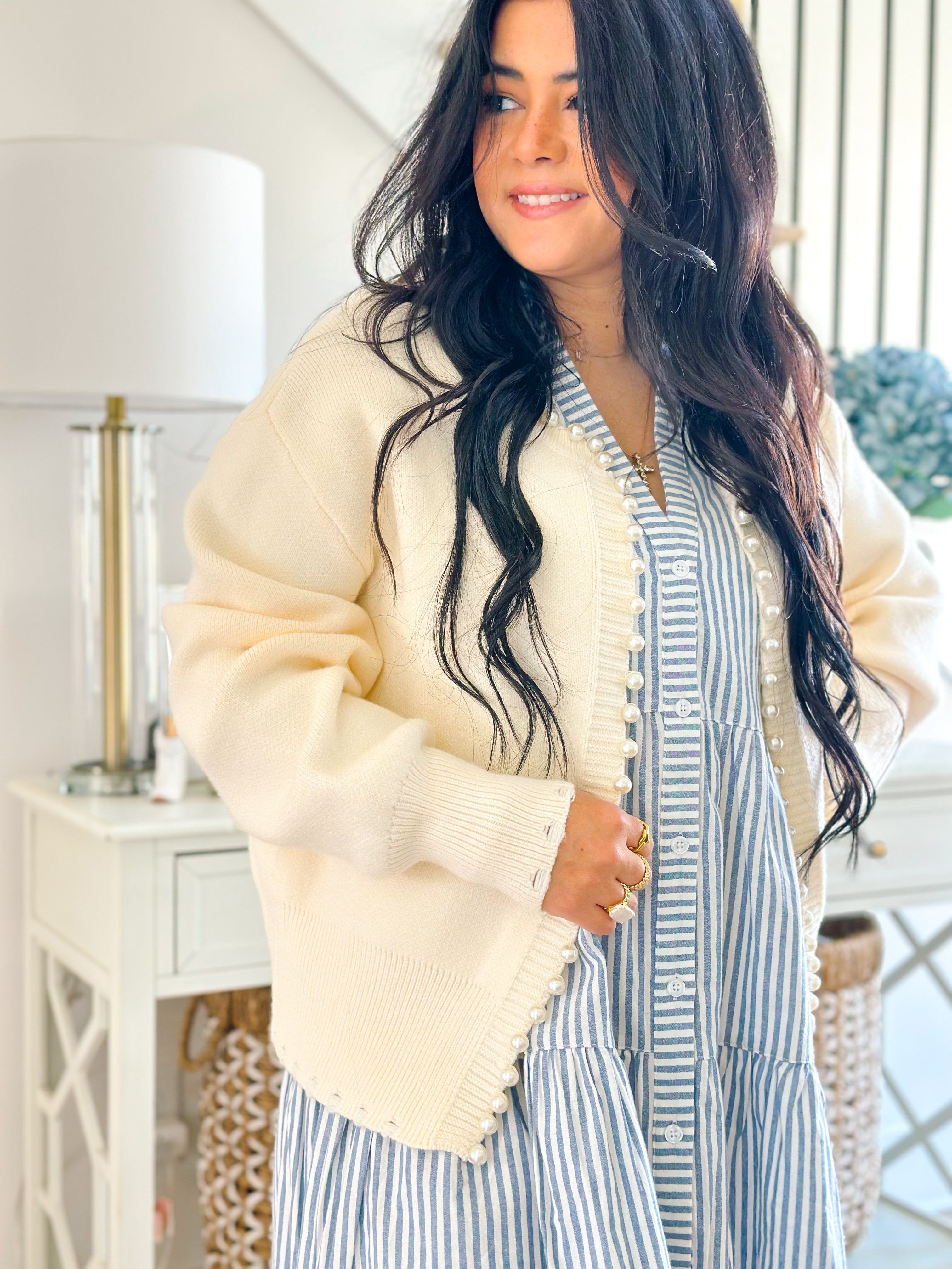 Charlotte Pearl Embellished Trim Sweater Cardigan - Southern Roots & Boots