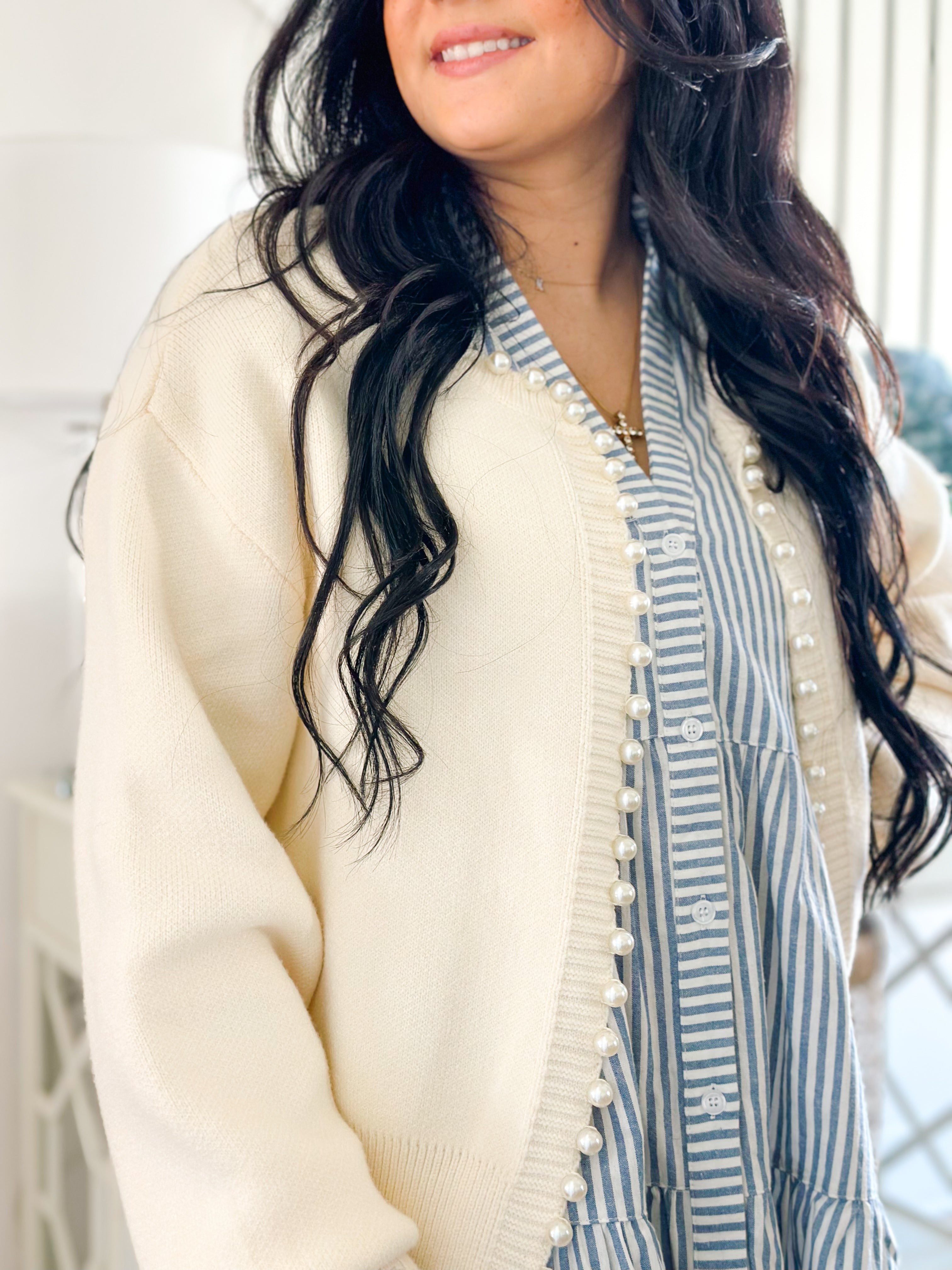 Charlotte Pearl Embellished Trim Sweater Cardigan - Southern Roots & Boots