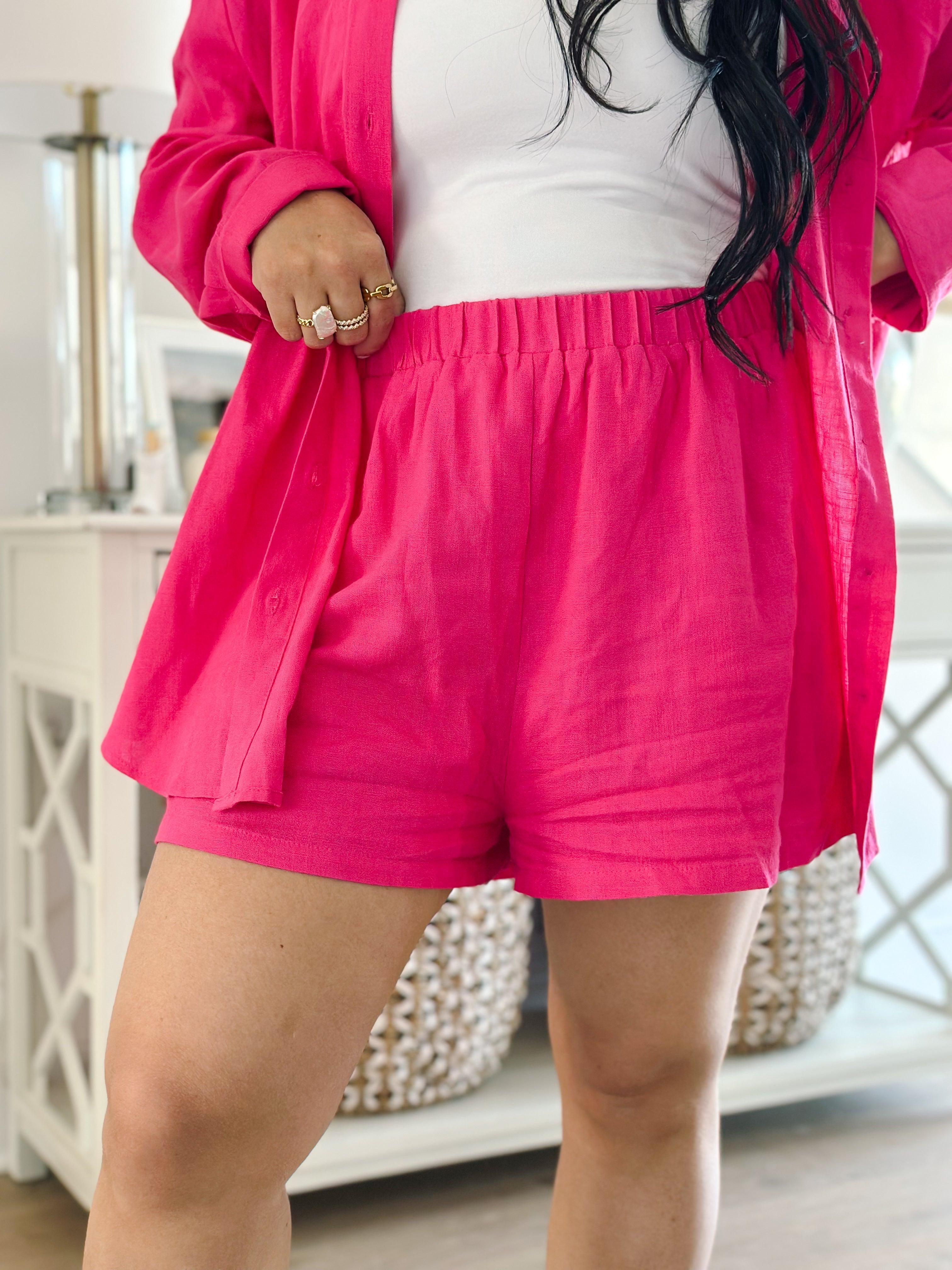 Flamingo Pink Sugarbag High-Waisted Linen Shorts - Southern Roots & Boots