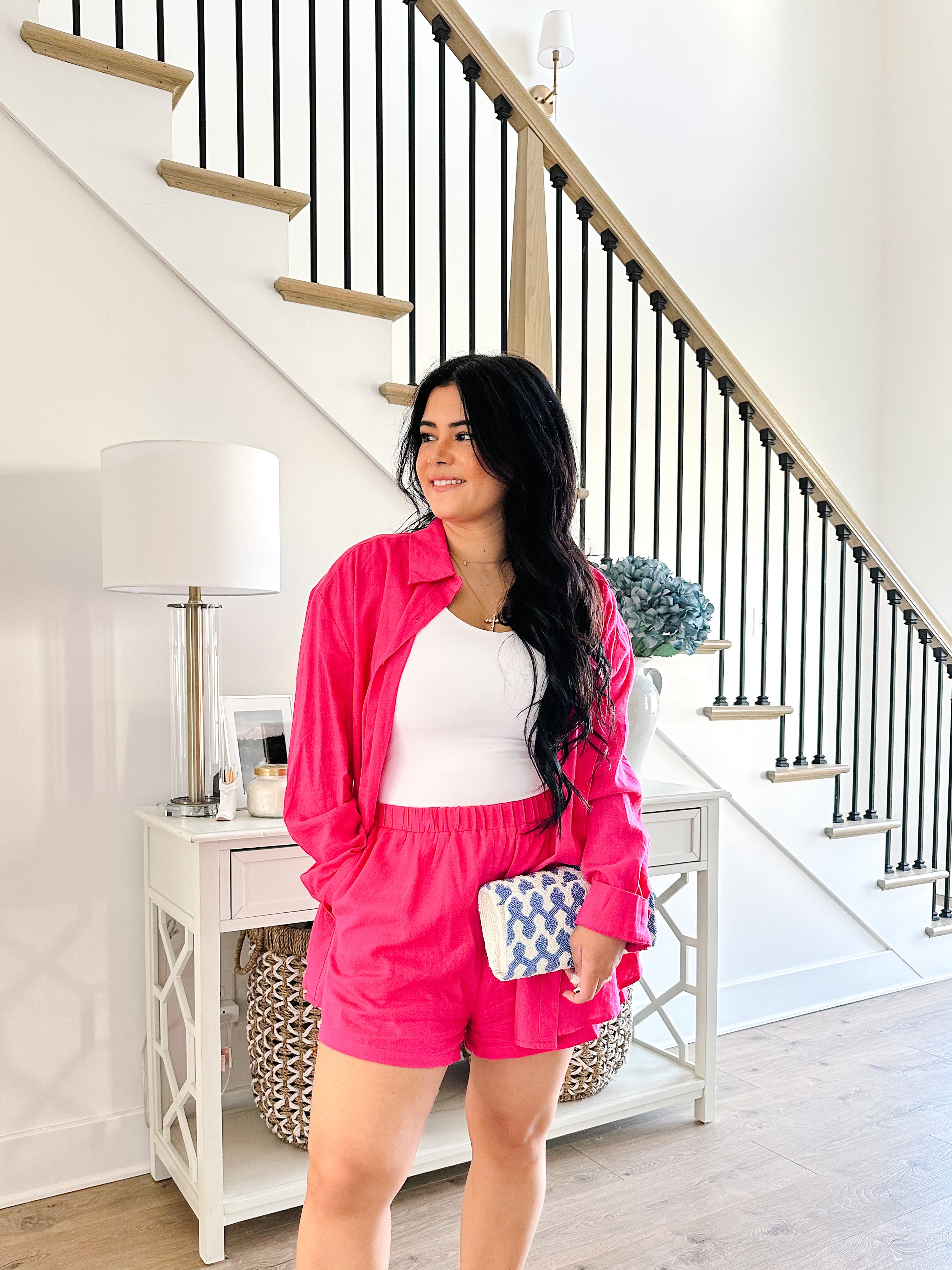 Flamingo Pink Sugarbag High-Waisted Linen Shorts - Southern Roots & Boots