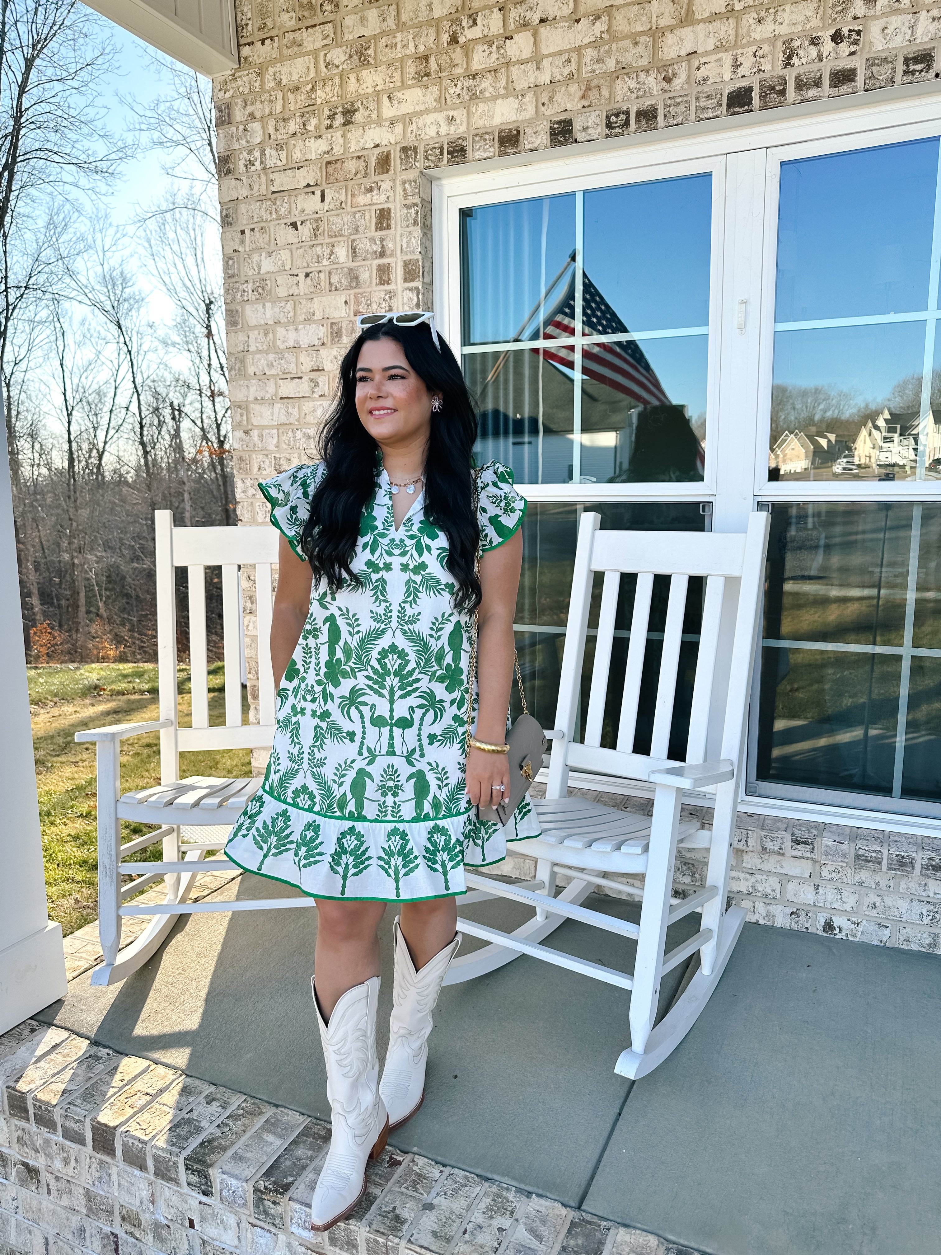 Leilani Green & White Tropical Print Mini Dress - Southern Roots & Boots