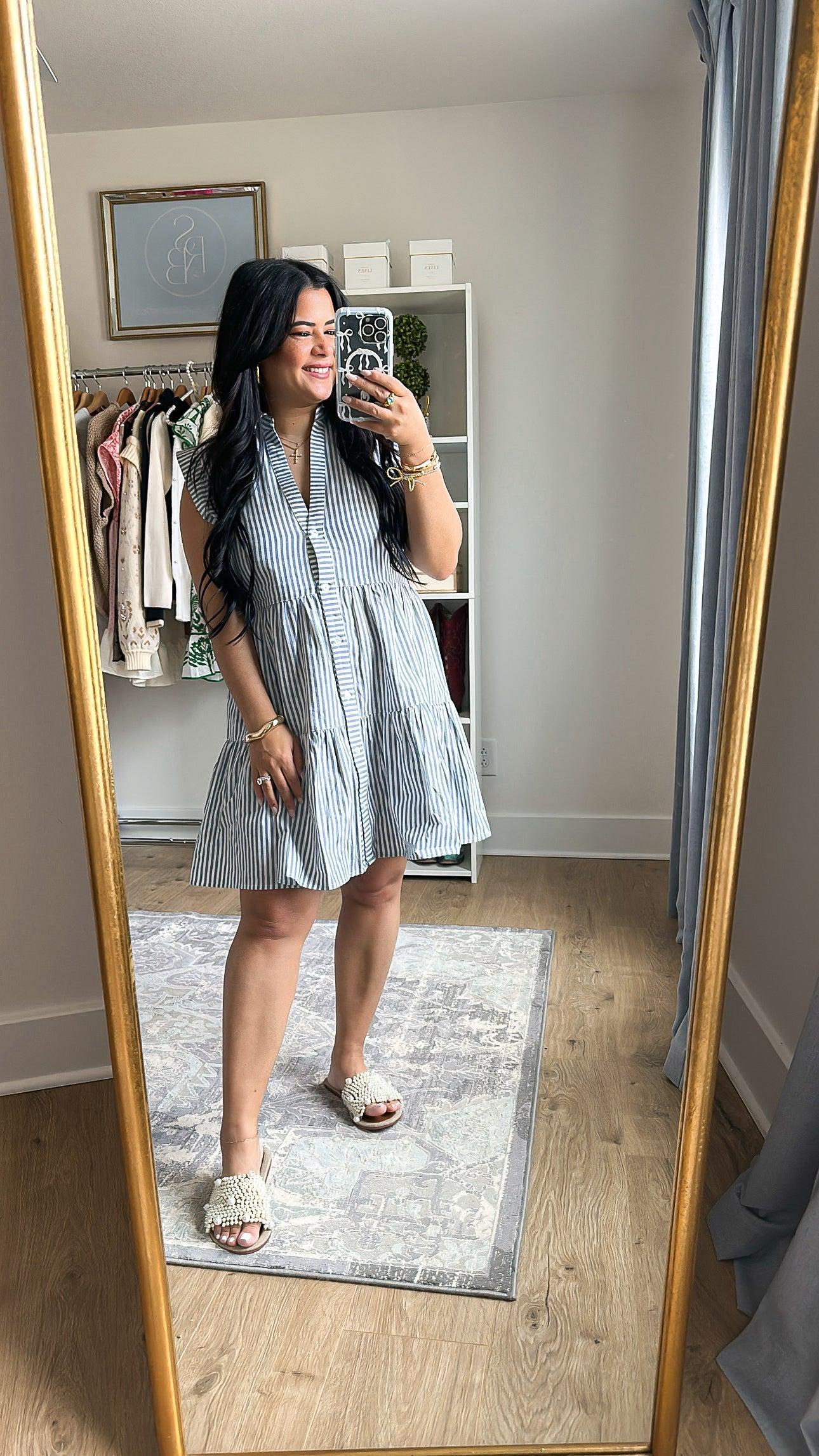Shoreline Blue & White Striped Button Front Mini Dress - Southern Roots & Boots