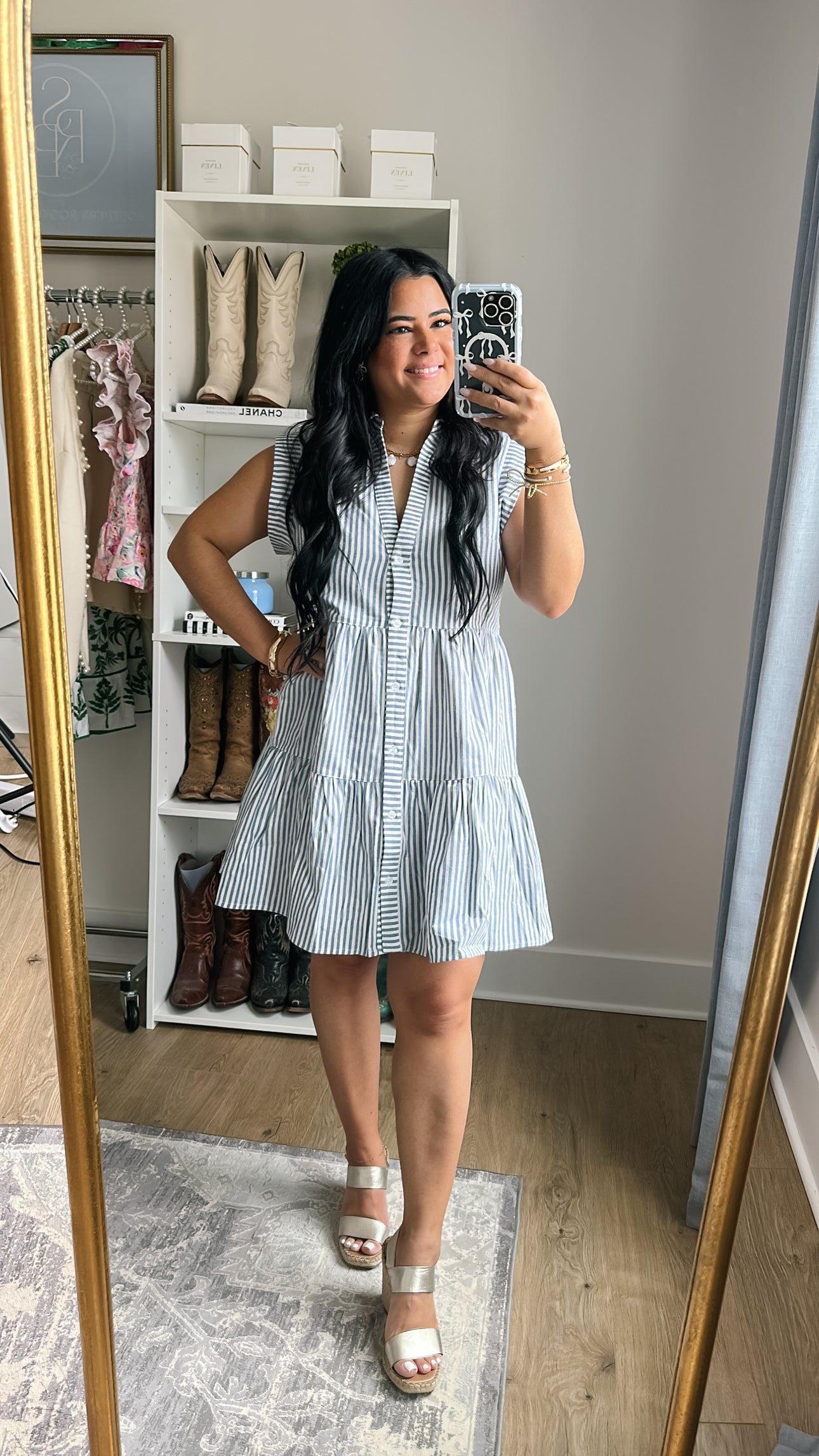 Shoreline Blue & White Striped Button Front Mini Dress - Southern Roots & Boots