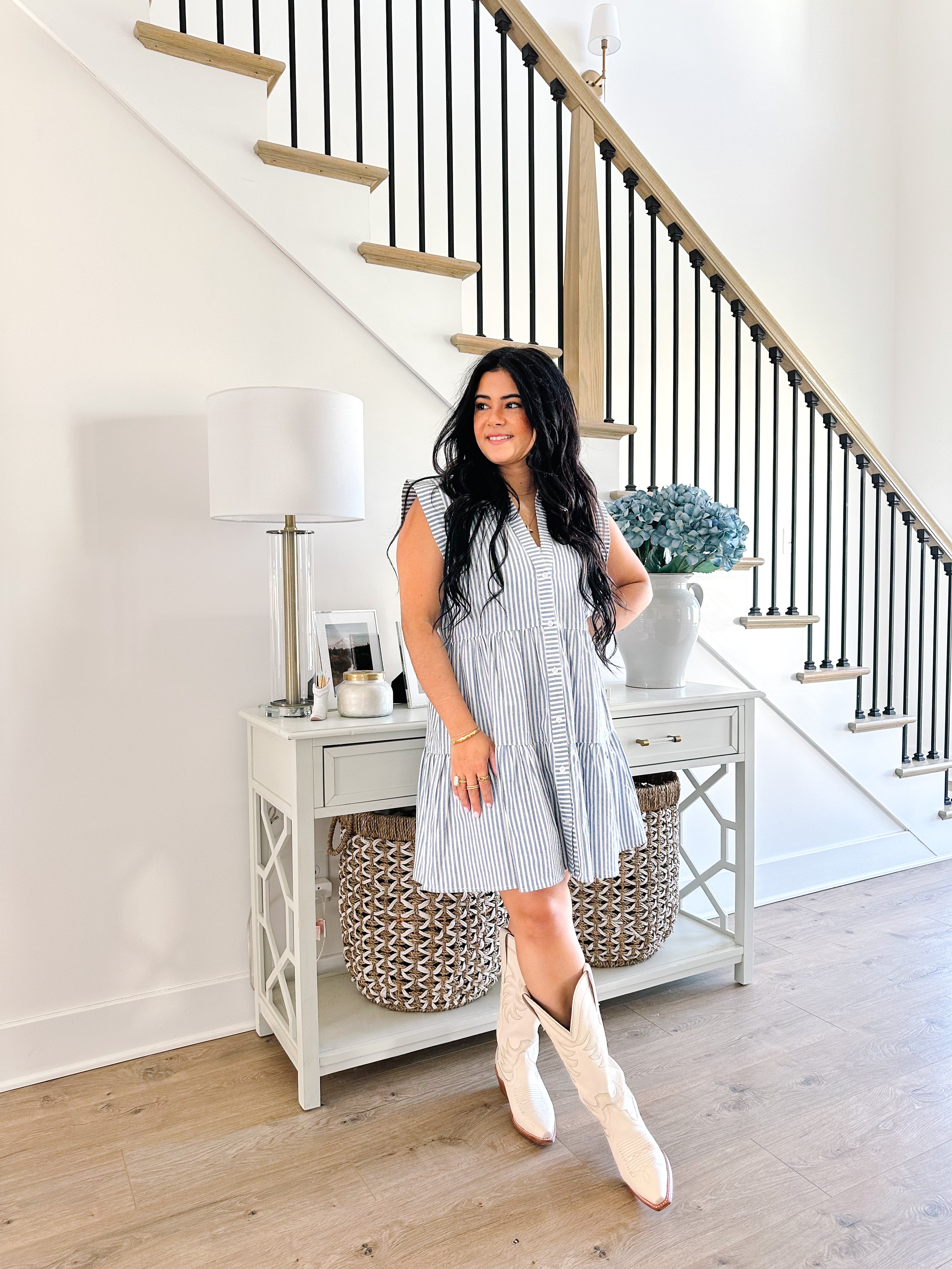 Shoreline Blue & White Striped Button Front Mini Dress - Southern Roots & Boots