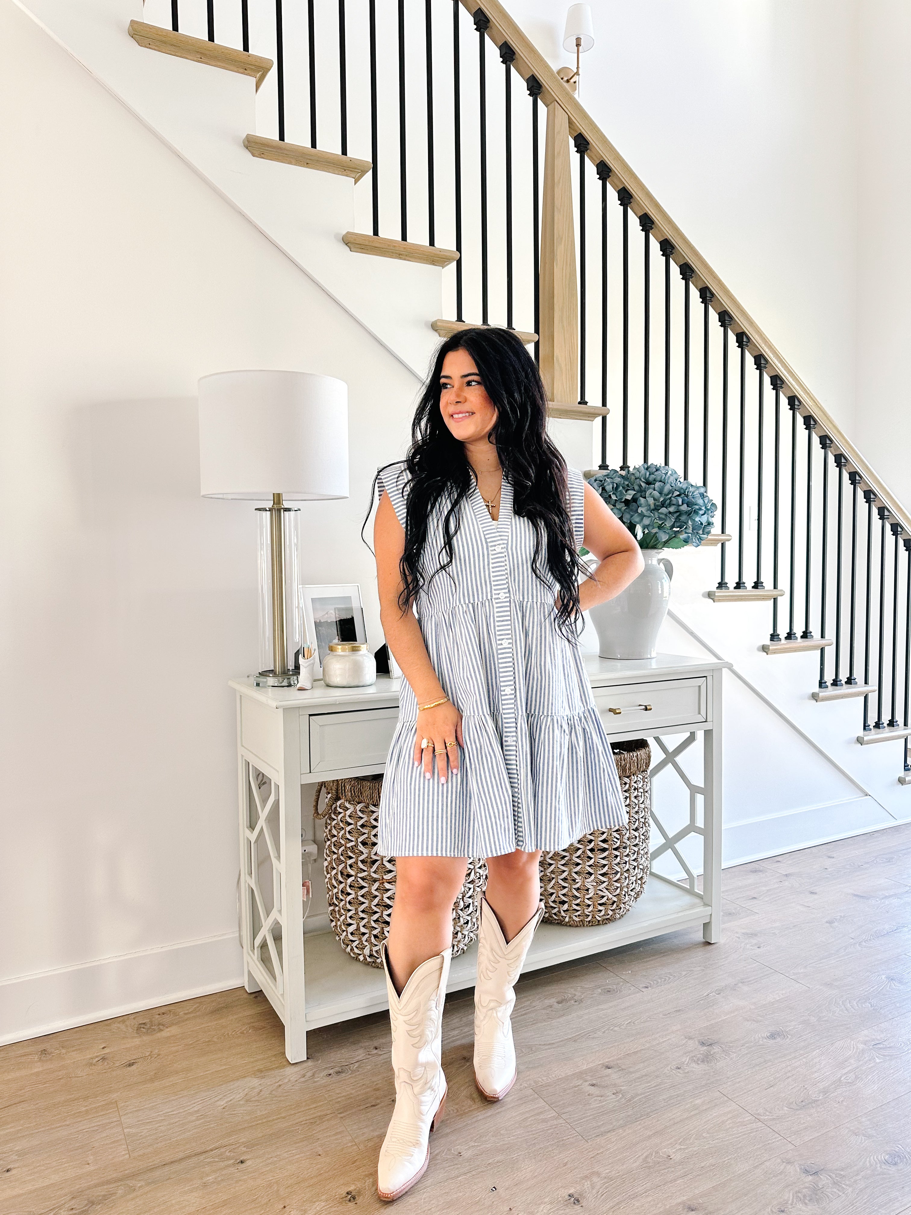 Shoreline Blue & White Striped Button Front Mini Dress - Southern Roots & Boots