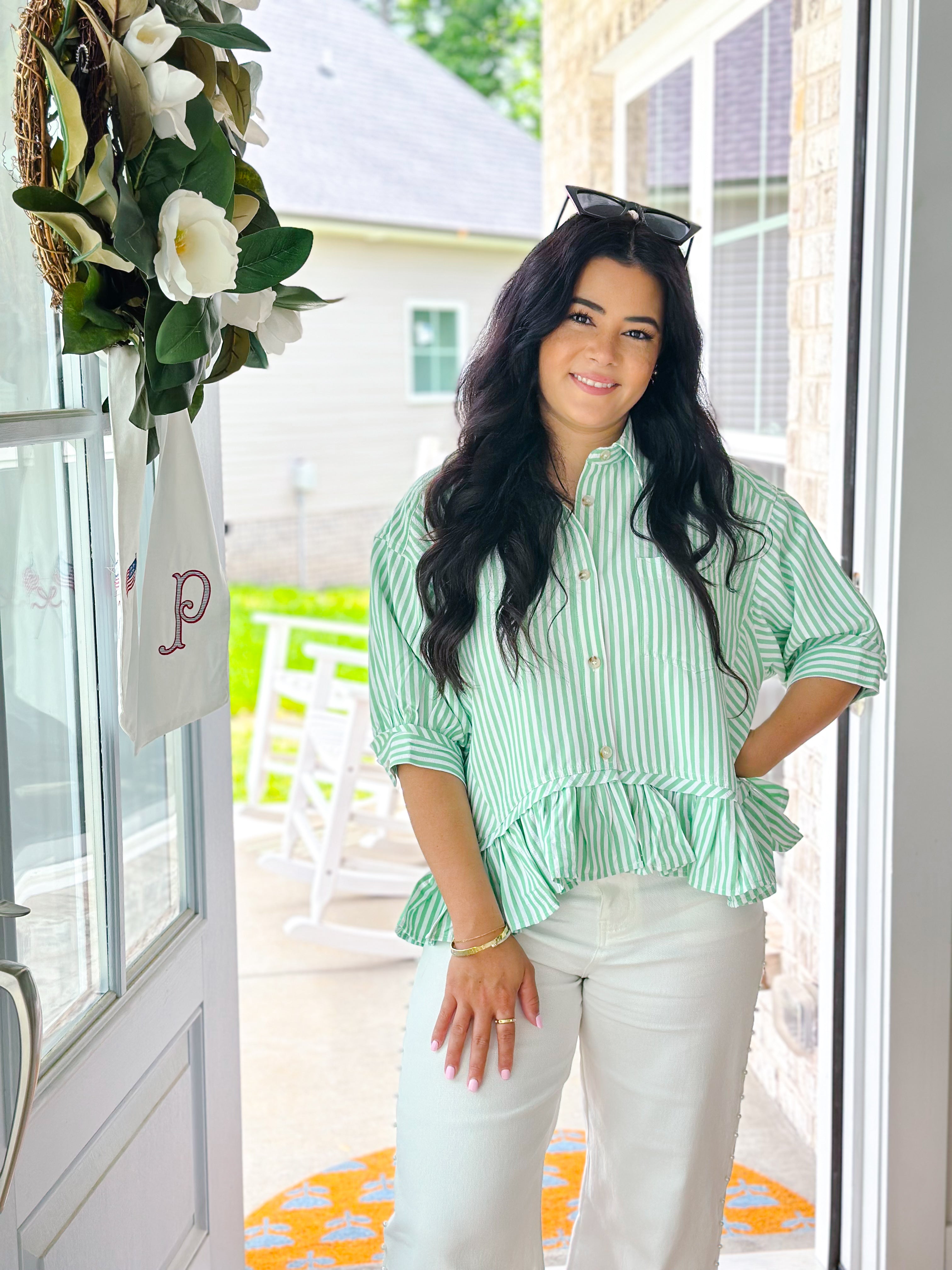 Fairway Green & White Button Down Stripe Short Sleeve Top