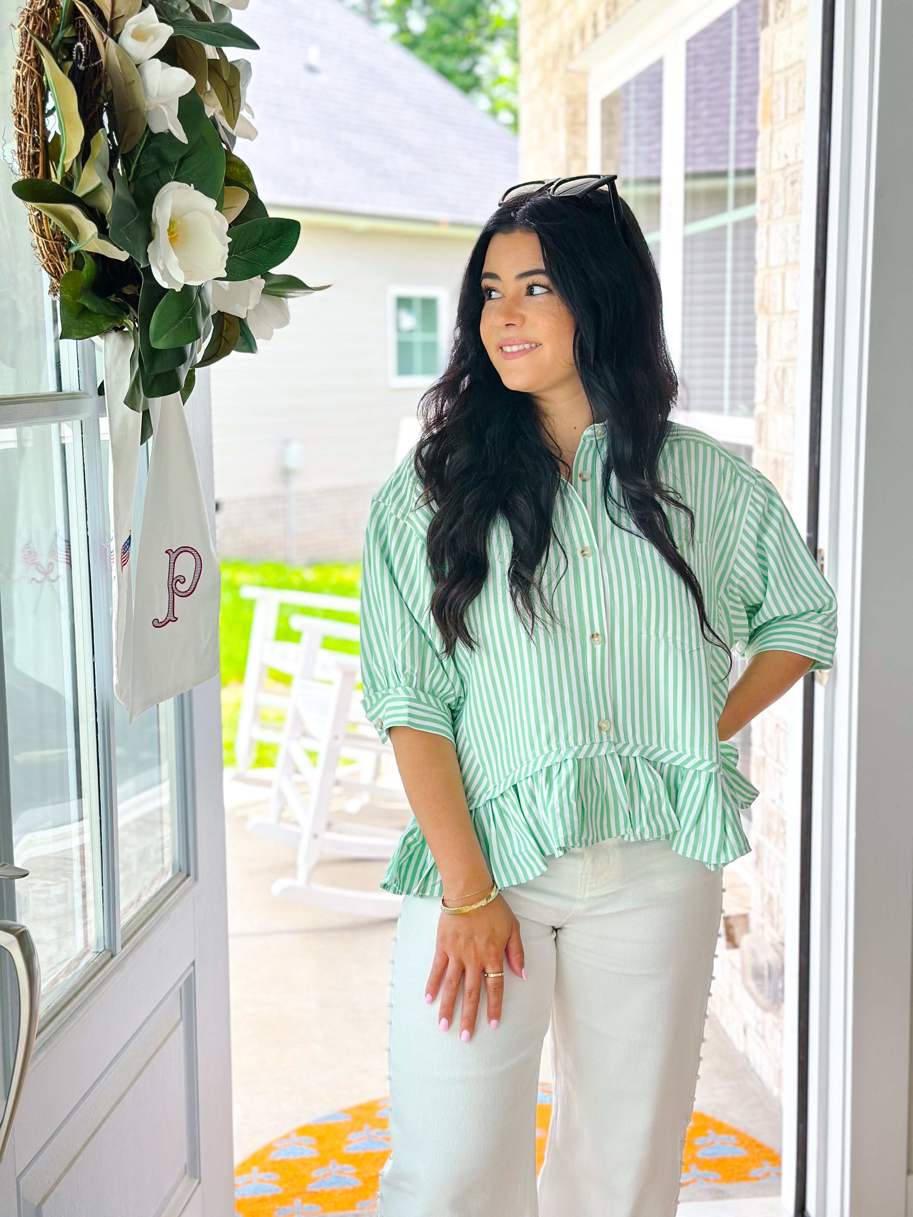 Fairway Green & White Button Down Stripe Short Sleeve Top