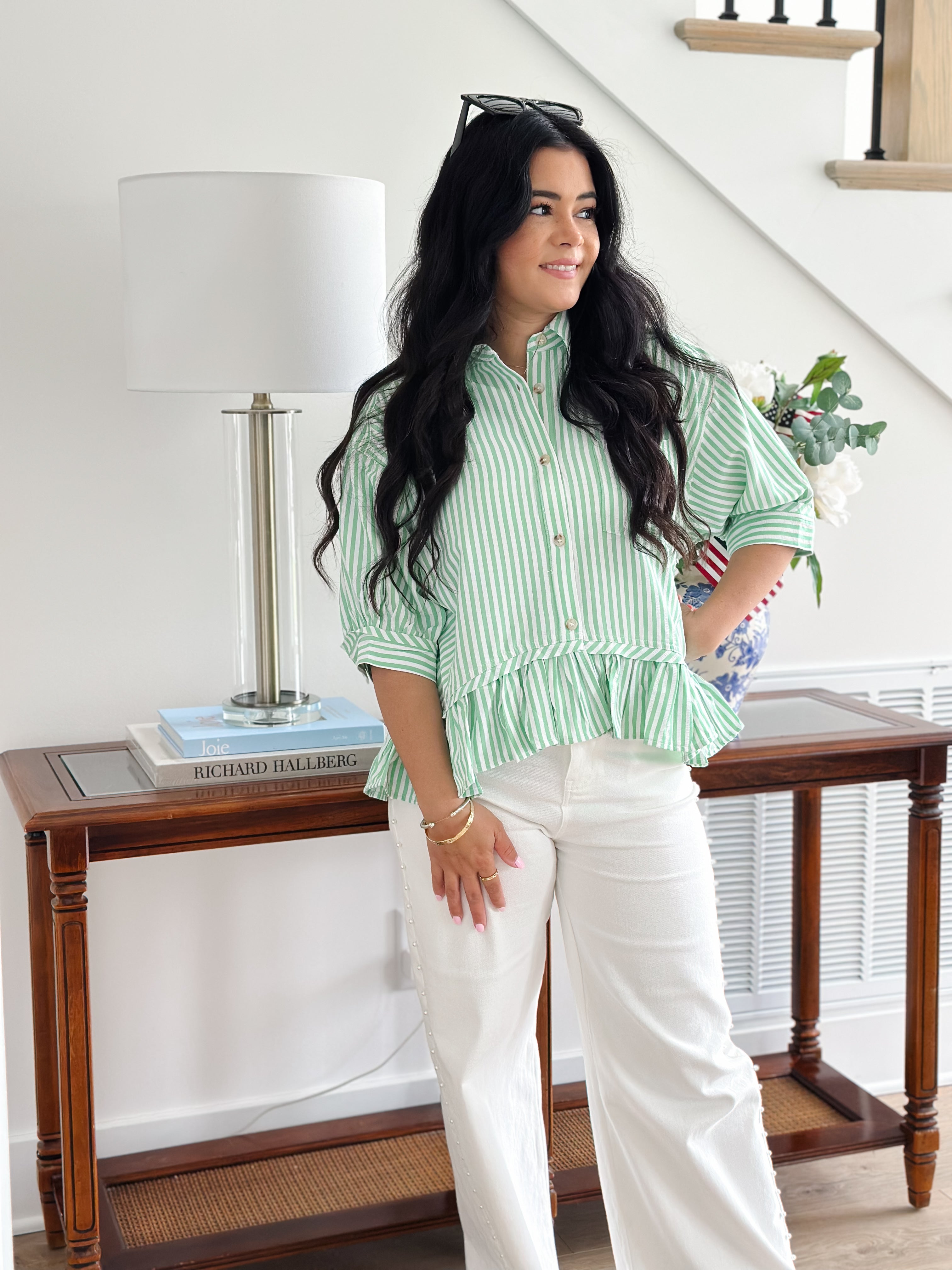 Fairway Green & White Button Down Stripe Short Sleeve Top