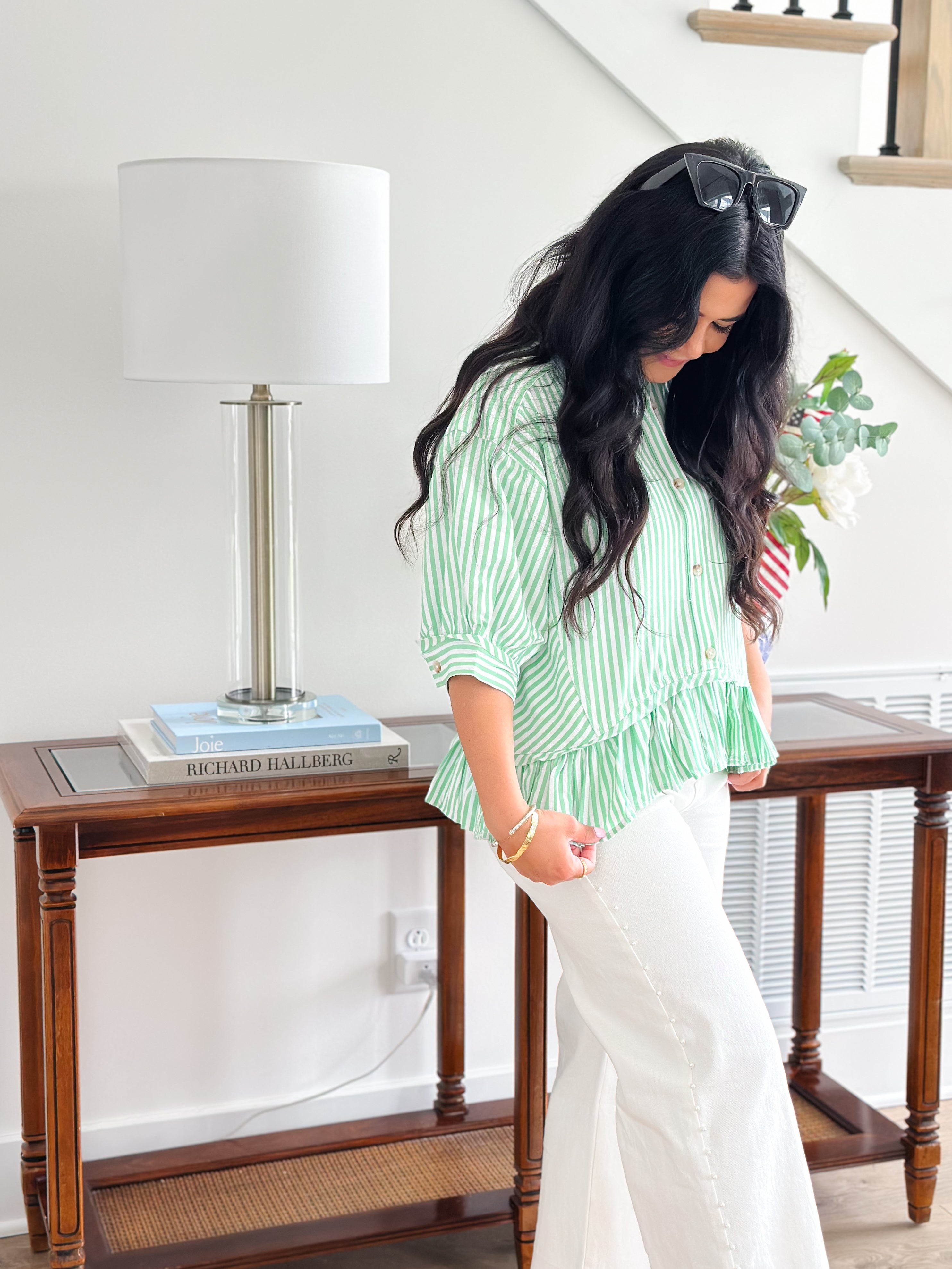 Fairway Green & White Button Down Stripe Short Sleeve Top