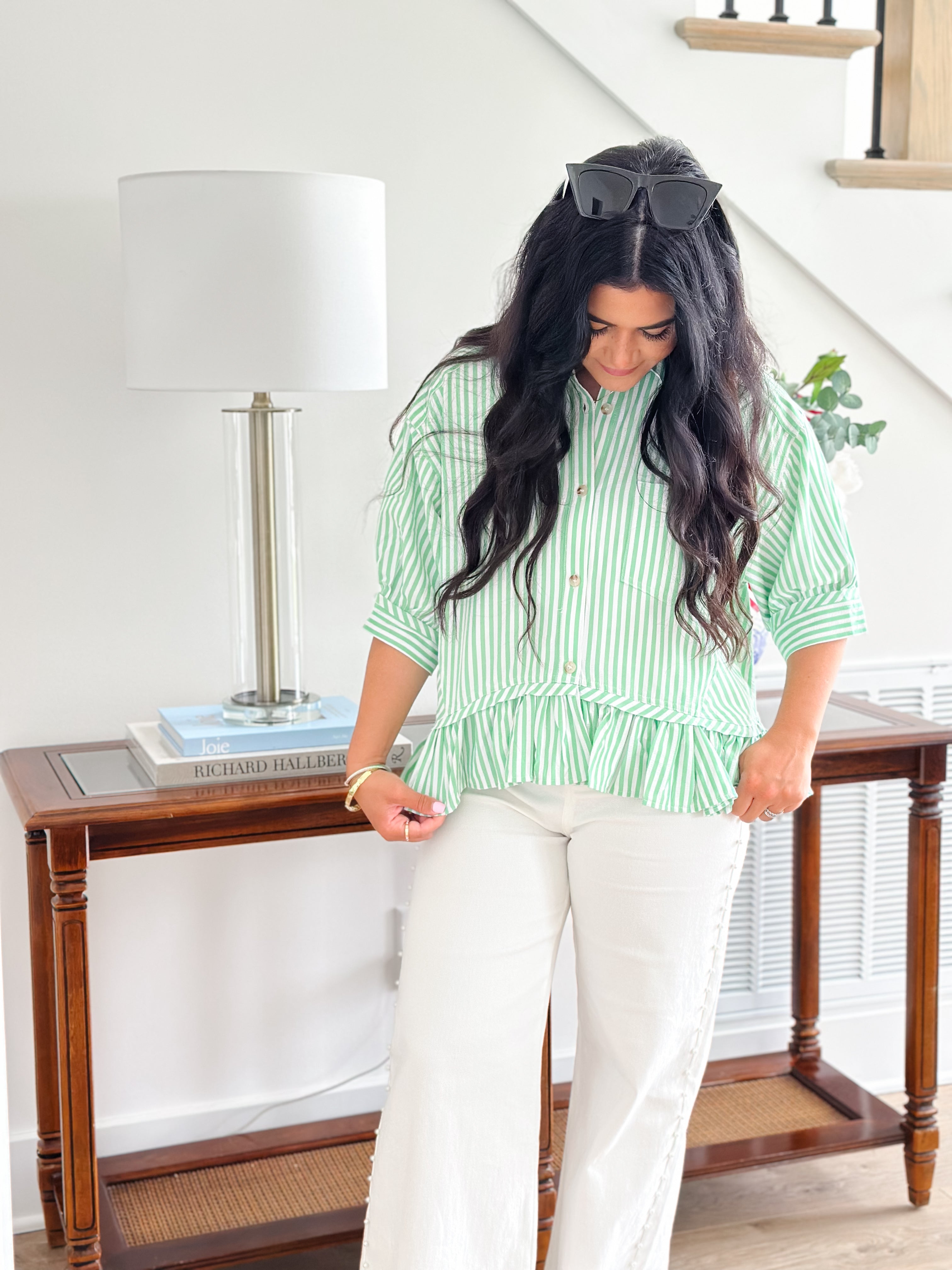 Fairway Green & White Button Down Stripe Short Sleeve Top