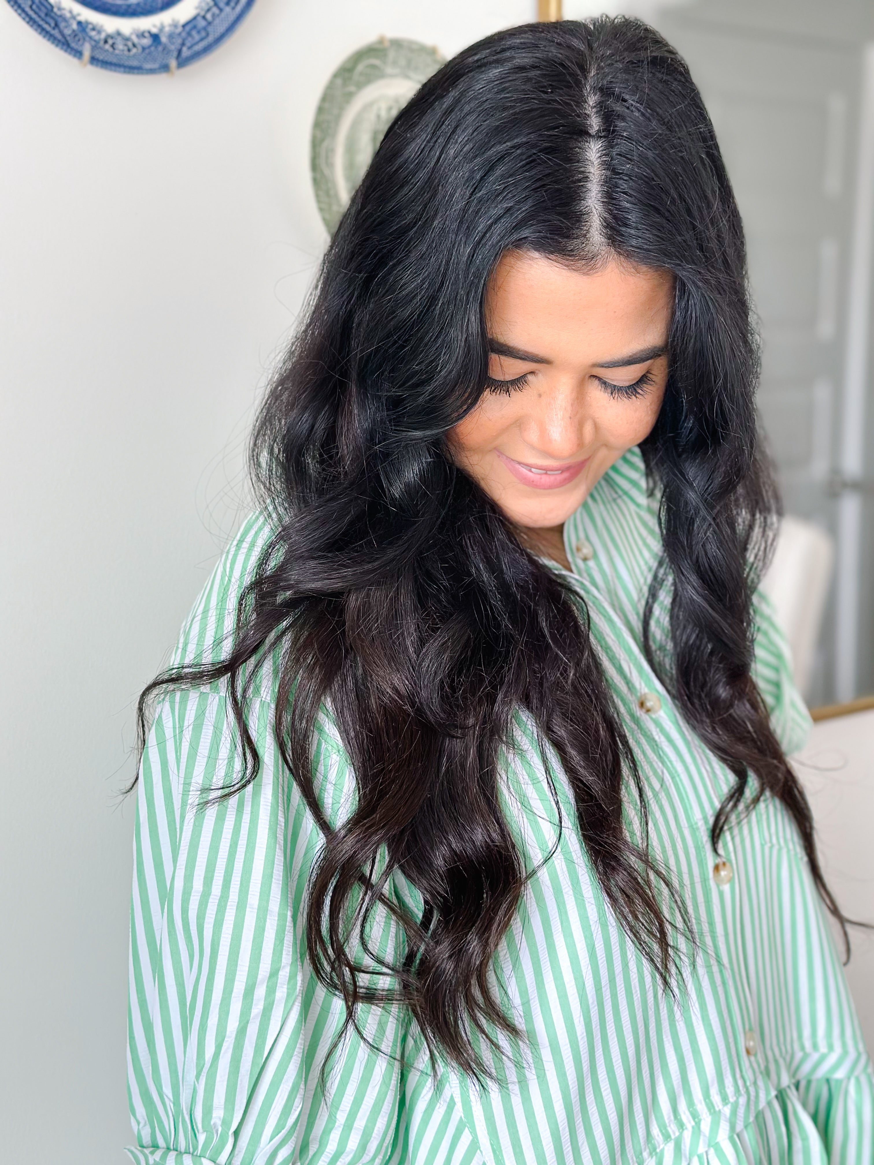 Fairway Green & White Button Down Stripe Short Sleeve Top
