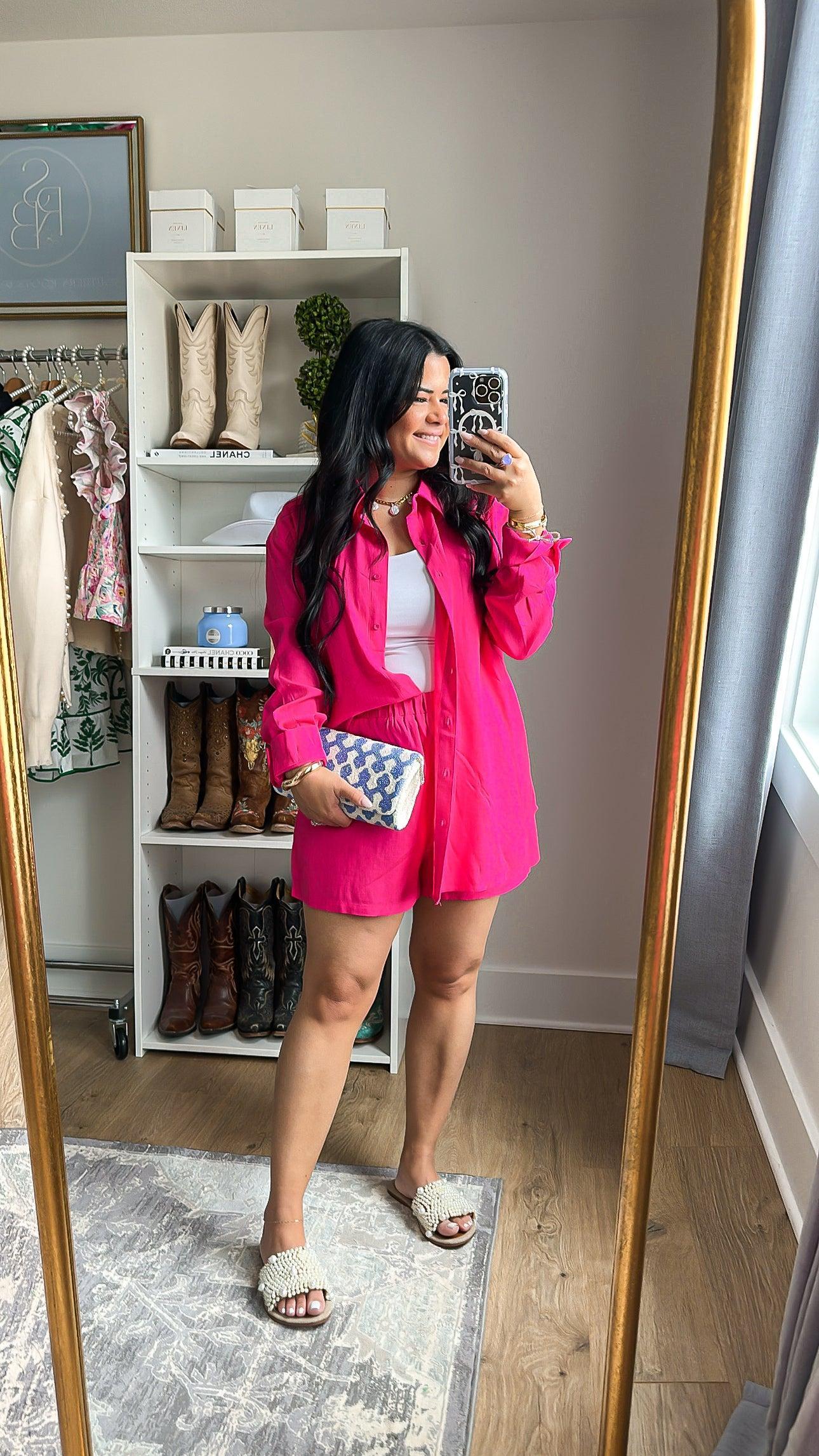 Flamingo Pink Oversized Boyfriend Button Down Shirt - Southern Roots & Boots