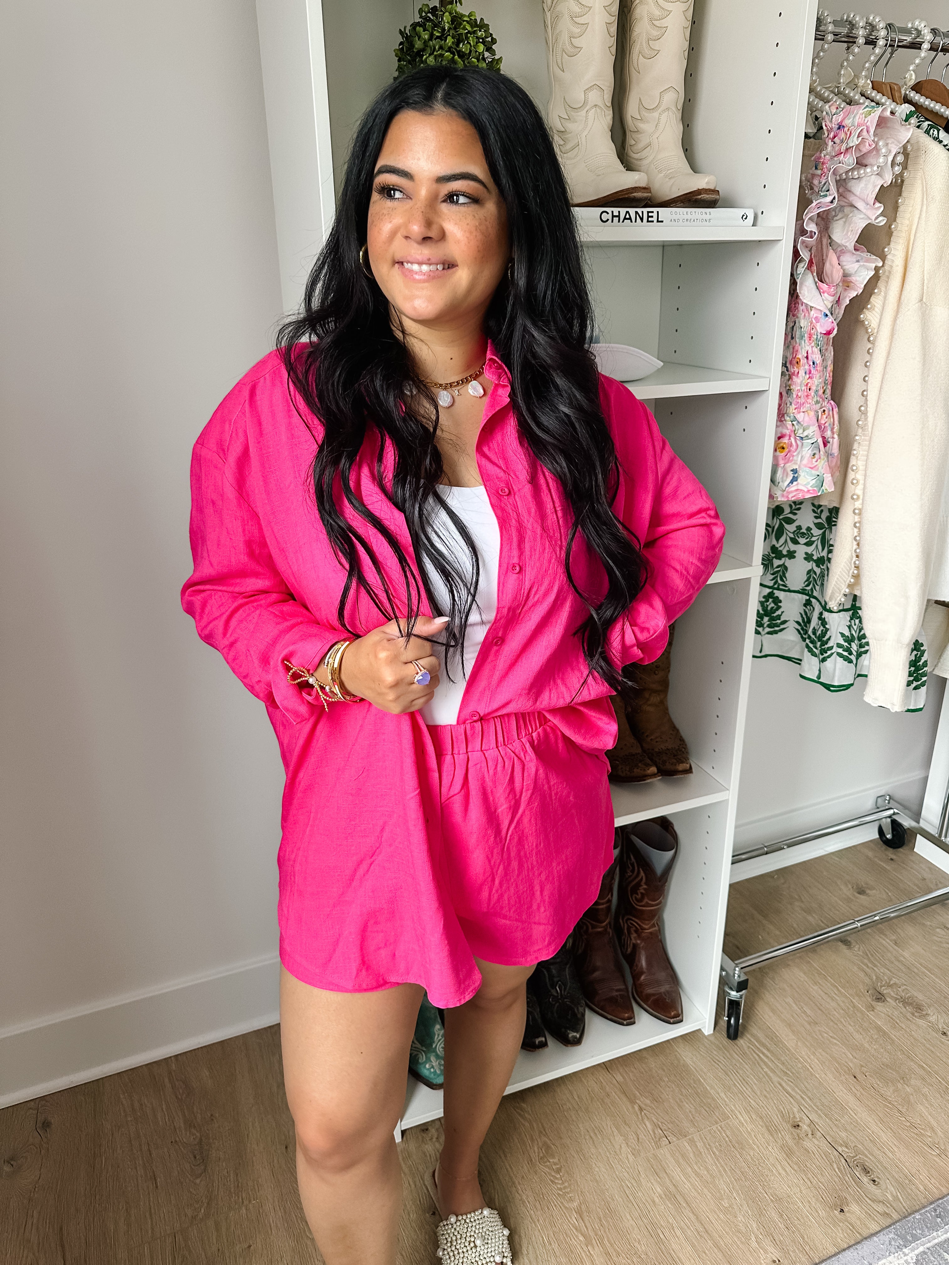 Flamingo Pink Oversized Boyfriend Button Down Shirt - Southern Roots & Boots