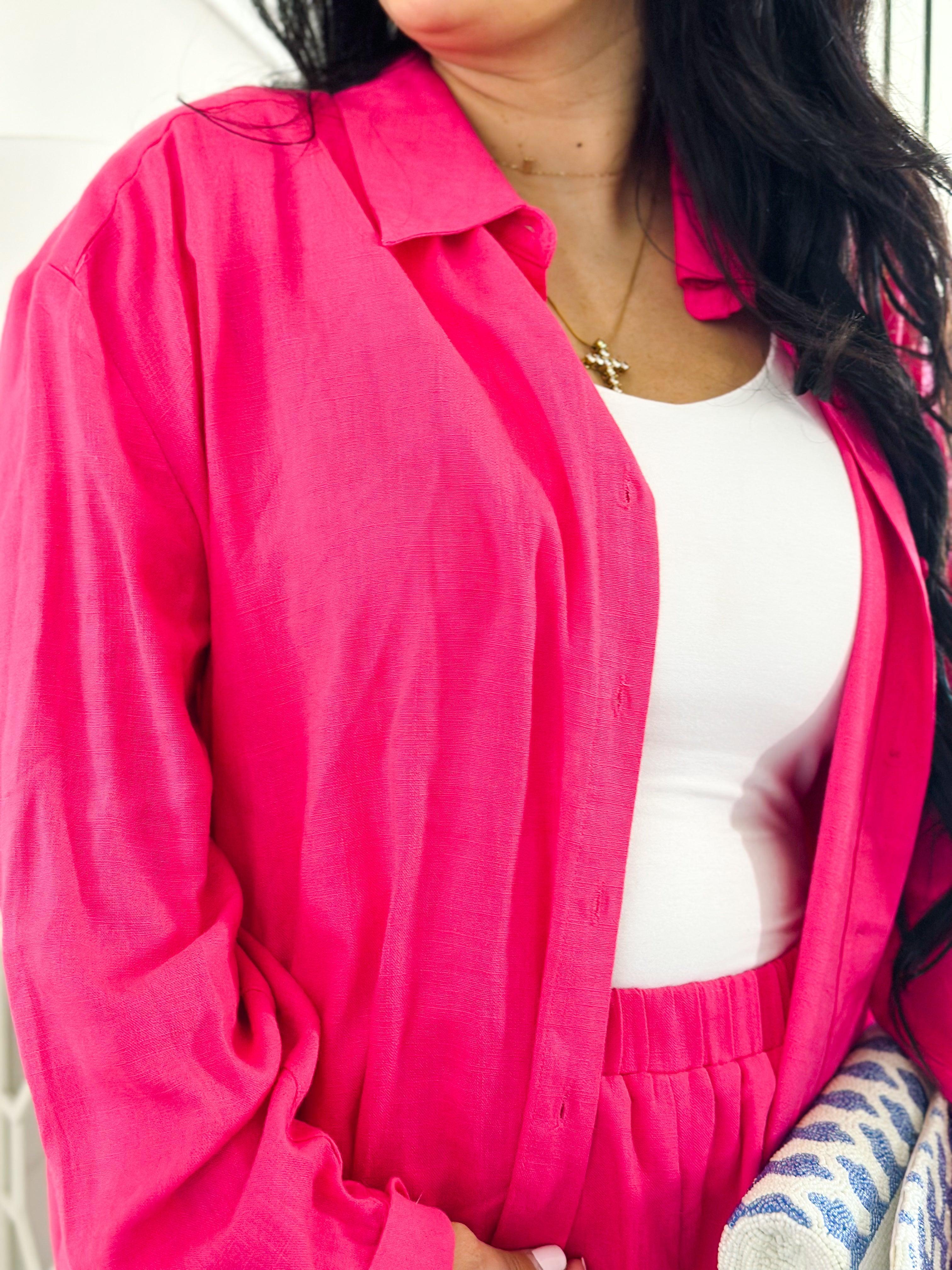 Flamingo Pink Oversized Boyfriend Button Down Shirt - Southern Roots & Boots