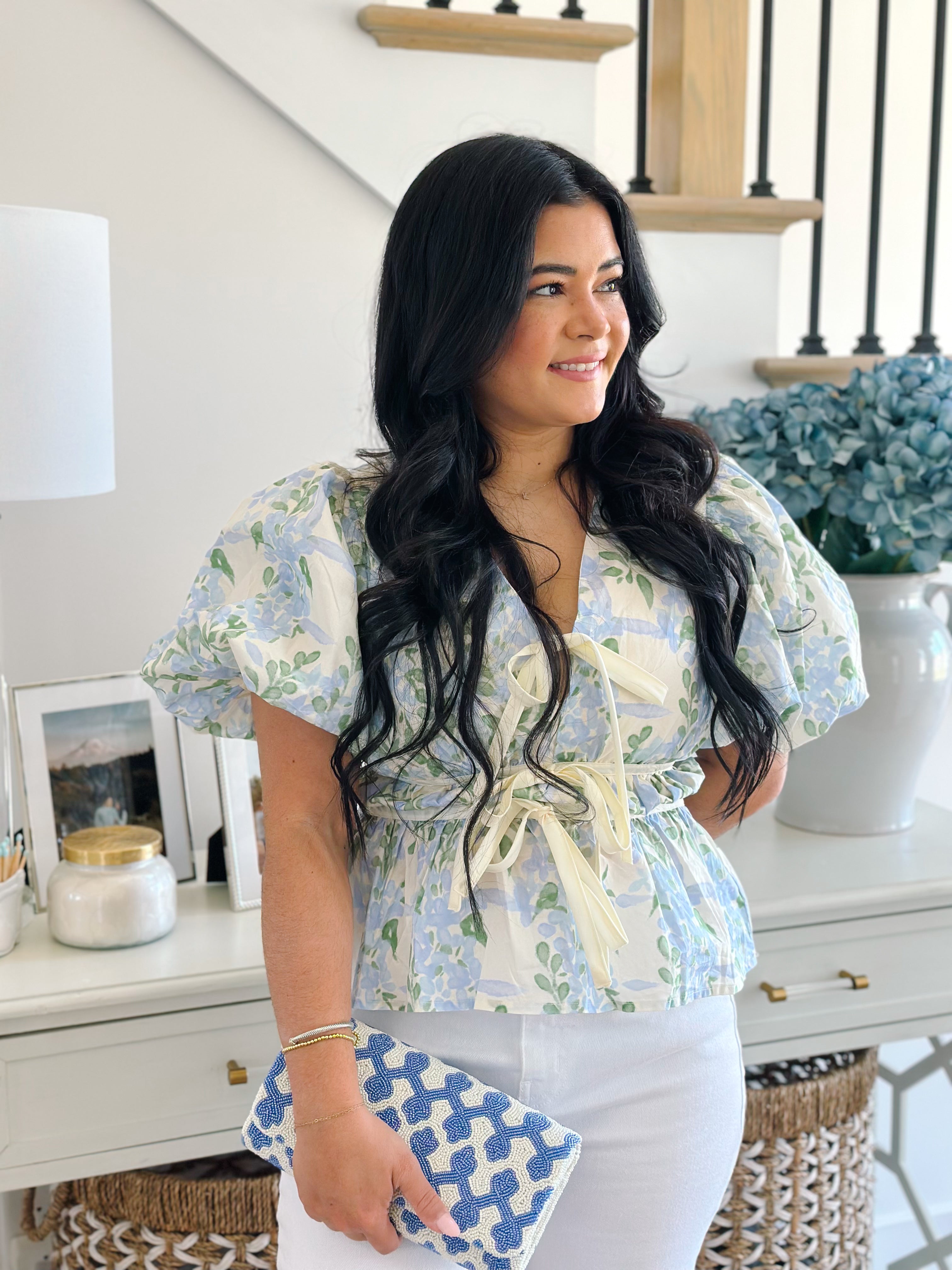 Daphne Blue & White Hydrangea Tie Short Sleeve Puff Top - Southern Roots & Boots