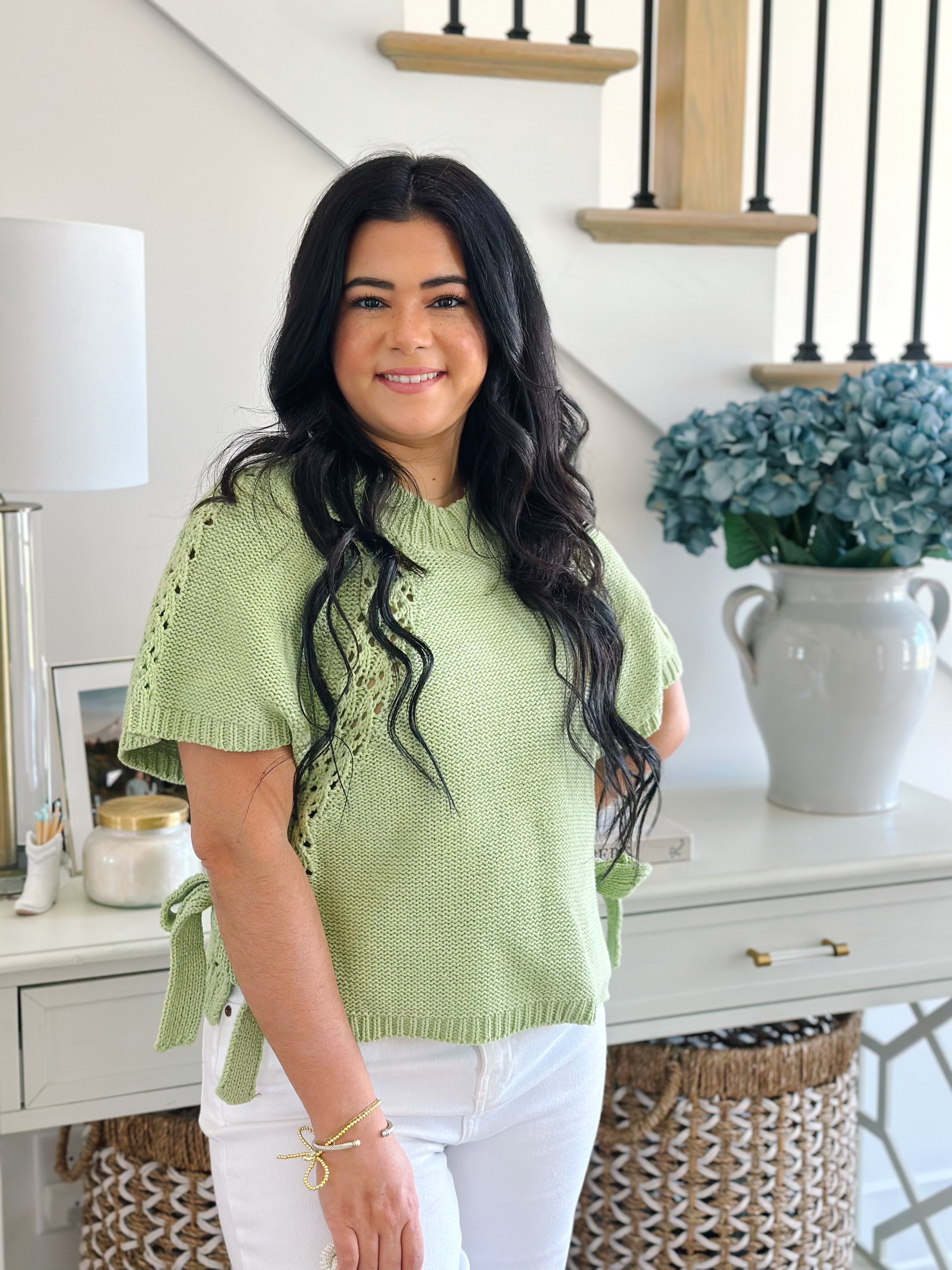 Penelope Key Lime Short Sleeve Sweater Top with Waist Tie - Southern Roots & Boots