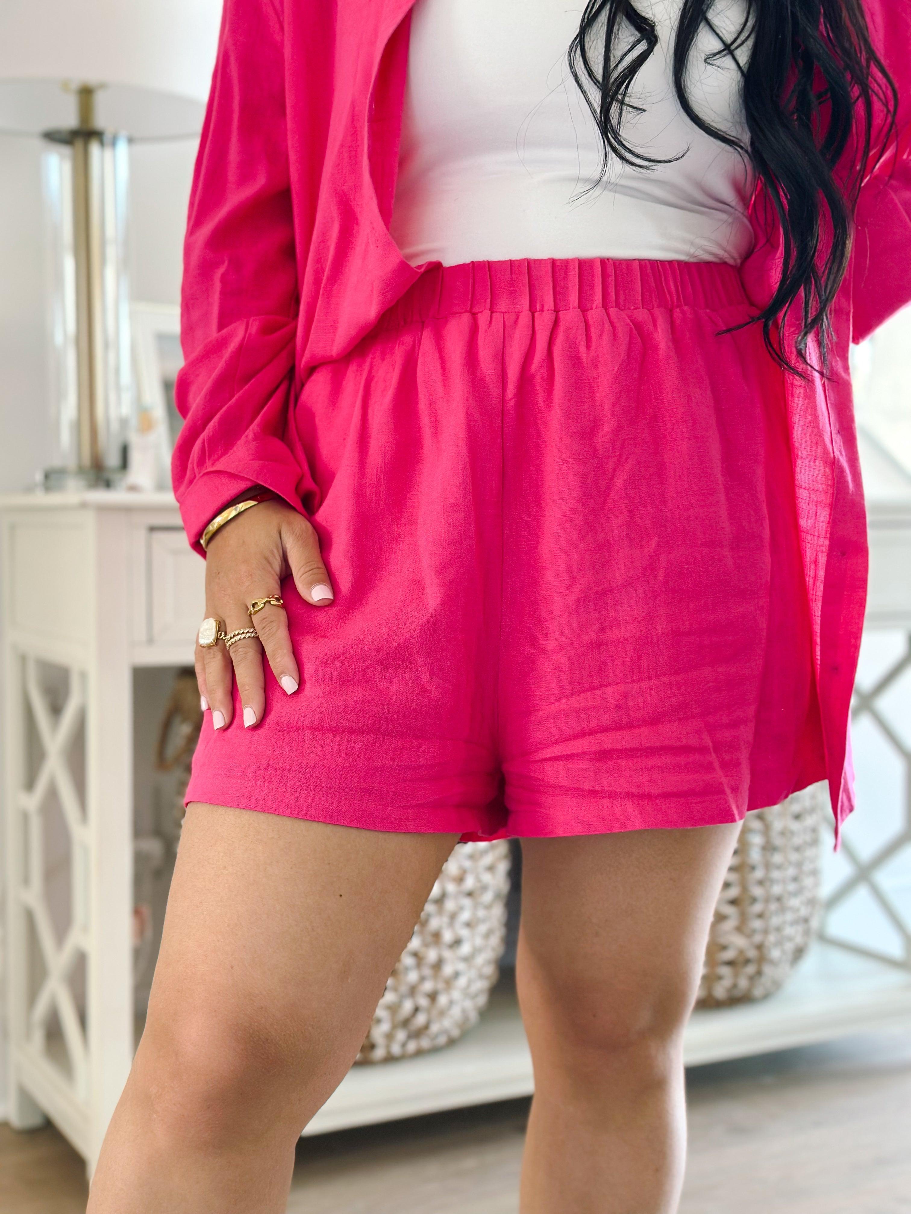 Flamingo Pink Sugarbag High-Waisted Linen Shorts - Southern Roots & Boots