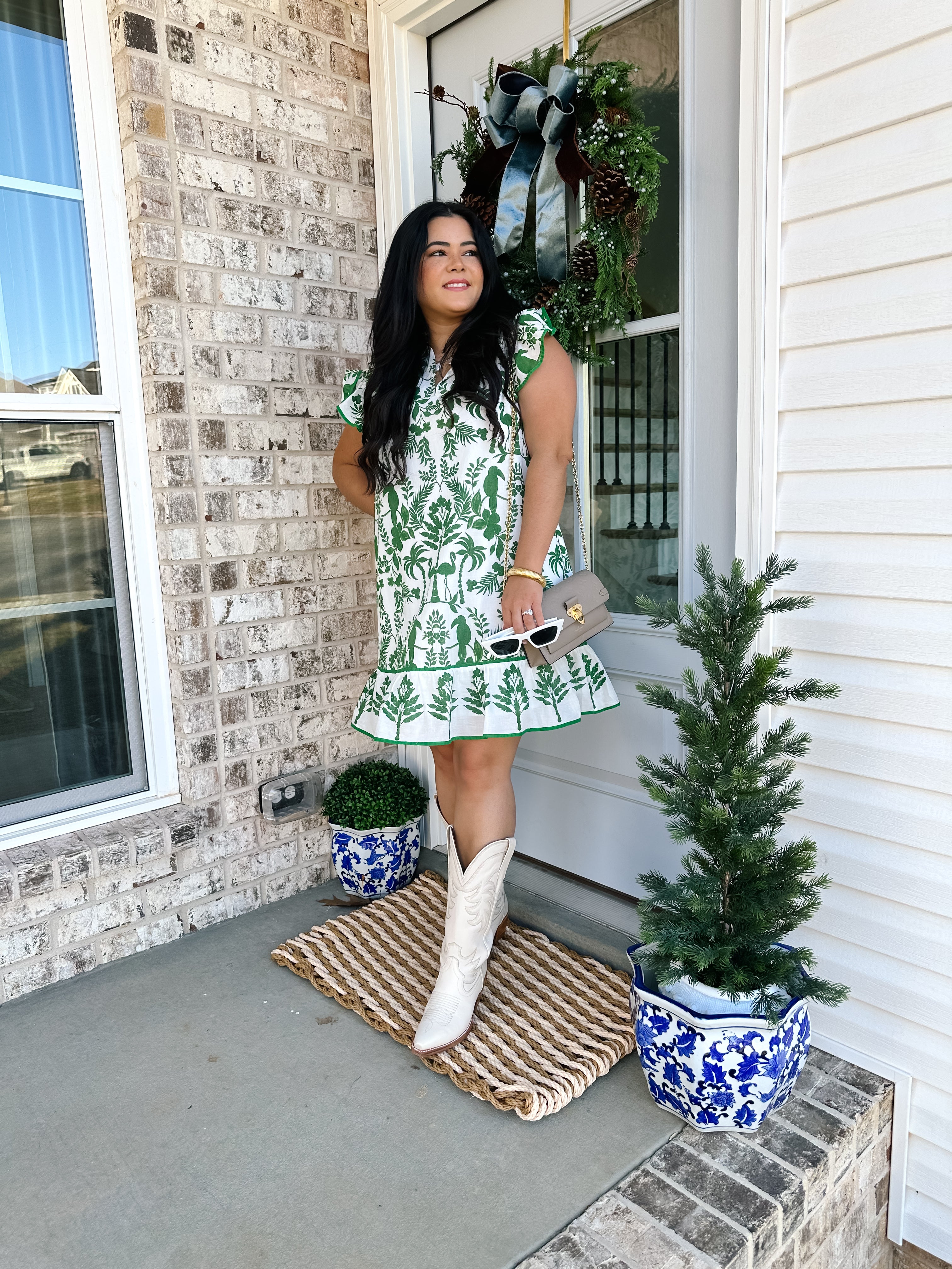 Leilani Green & White Tropical Print Mini Dress - Southern Roots & Boots