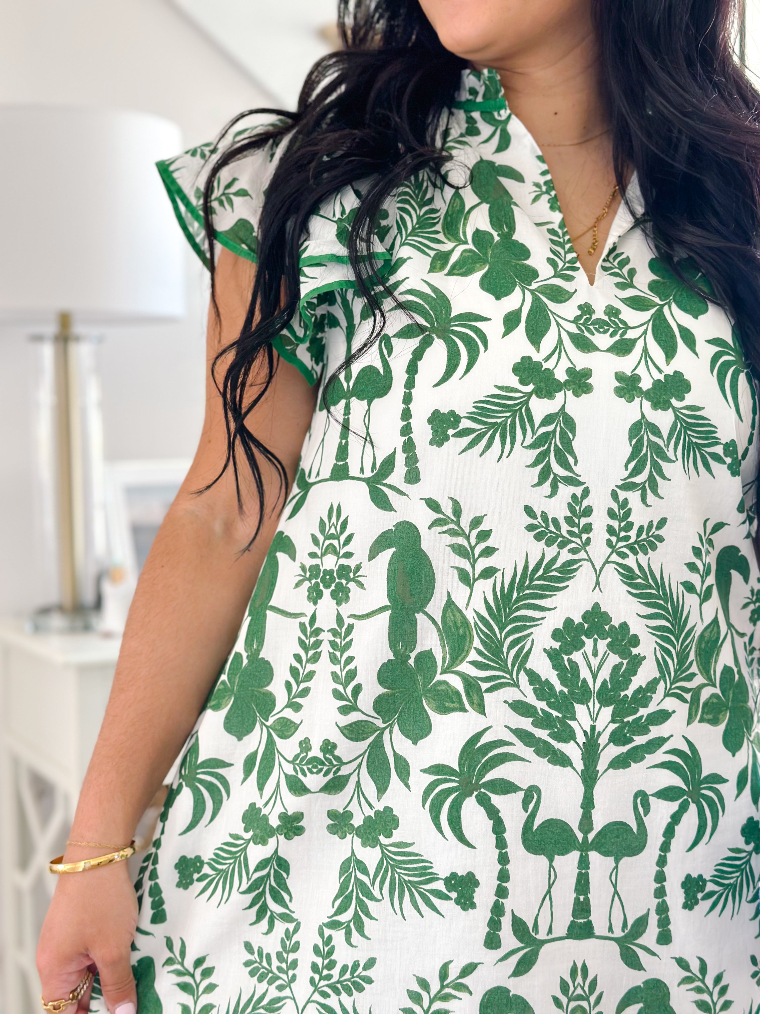 Leilani Green & White Tropical Print Mini Dress - Southern Roots & Boots