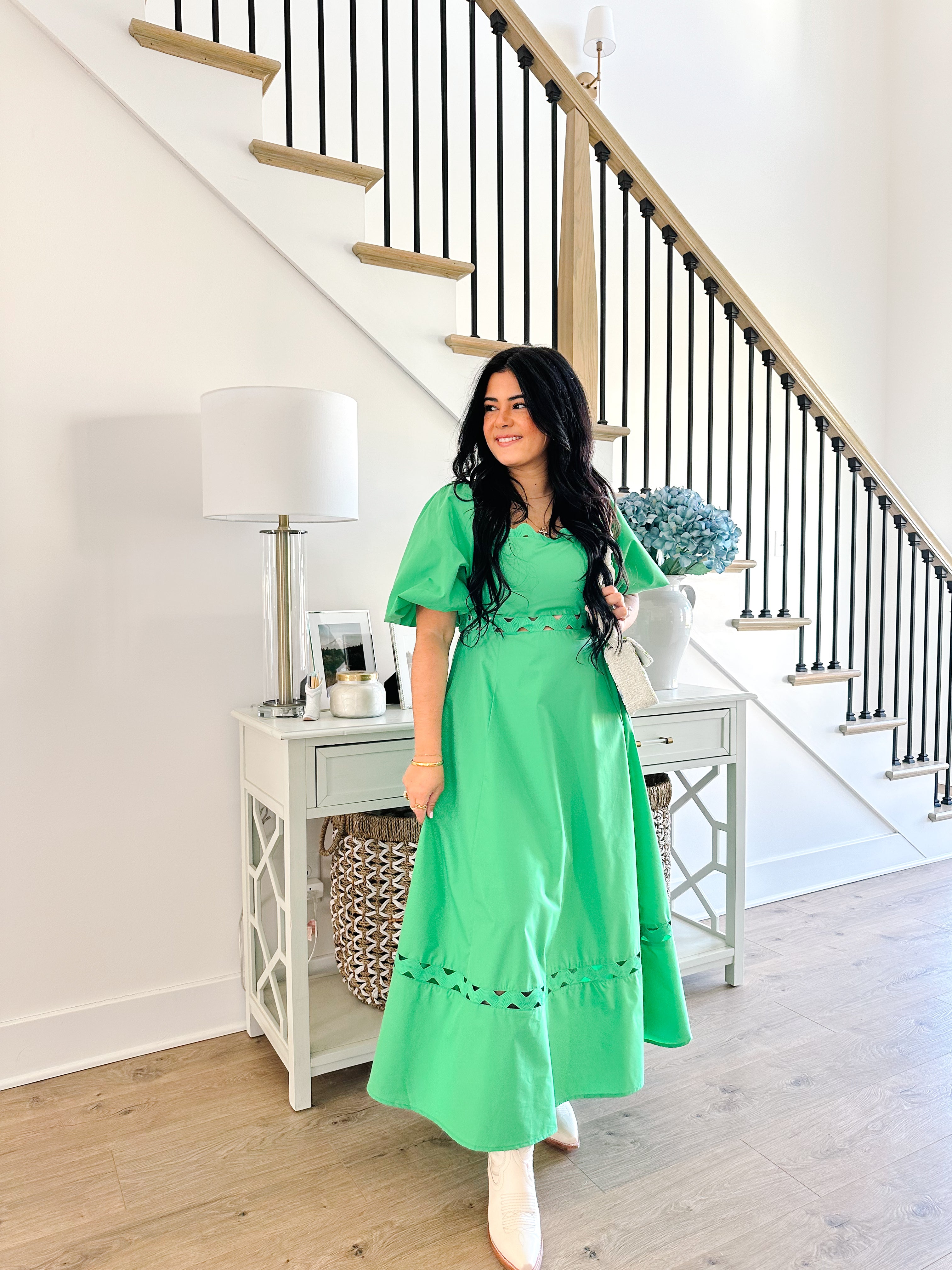 Isle of Palms Green Scallop Puff Sleeve Midi Dress - Southern Roots & Boots