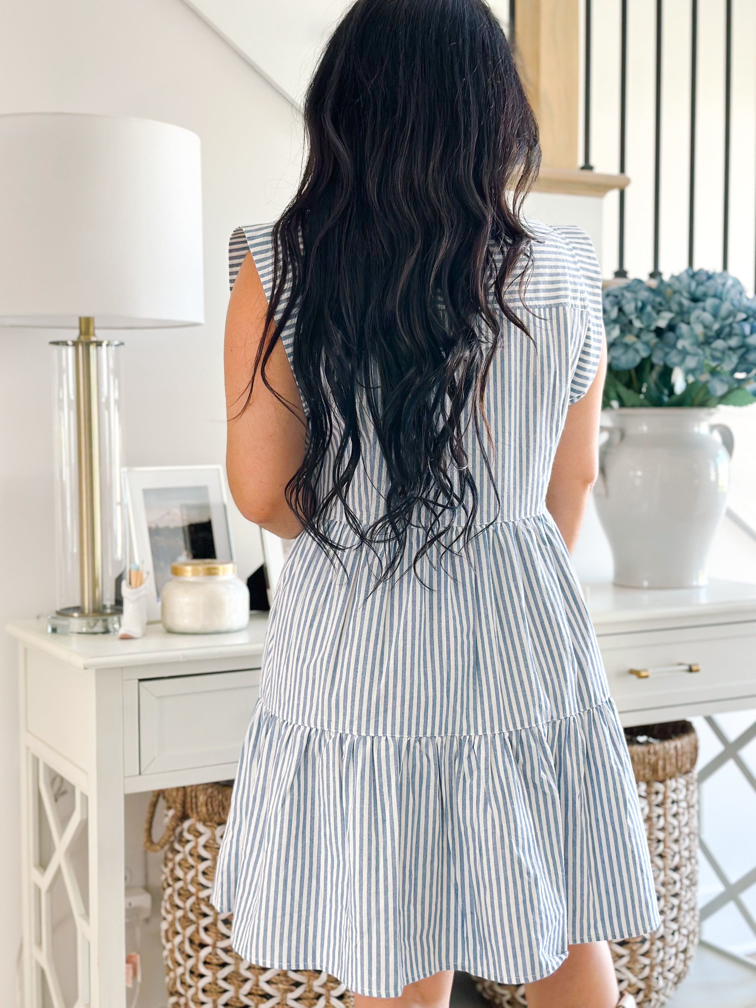Shoreline Blue & White Striped Button Front Mini Dress - Southern Roots & Boots