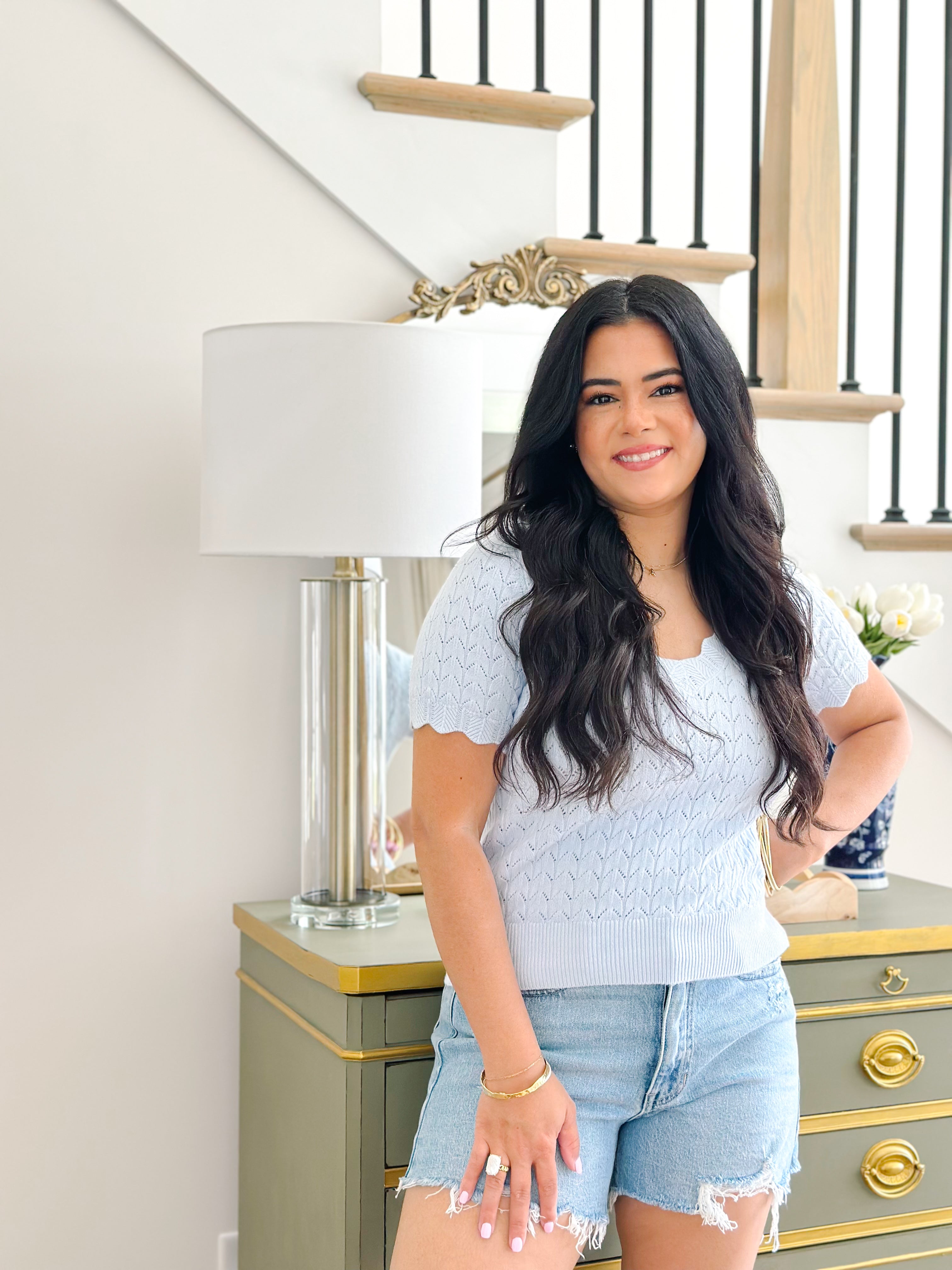 Susannah Pointelle V-Neck Short Sleeve Top- Sky Blue - Southern Roots & Boots