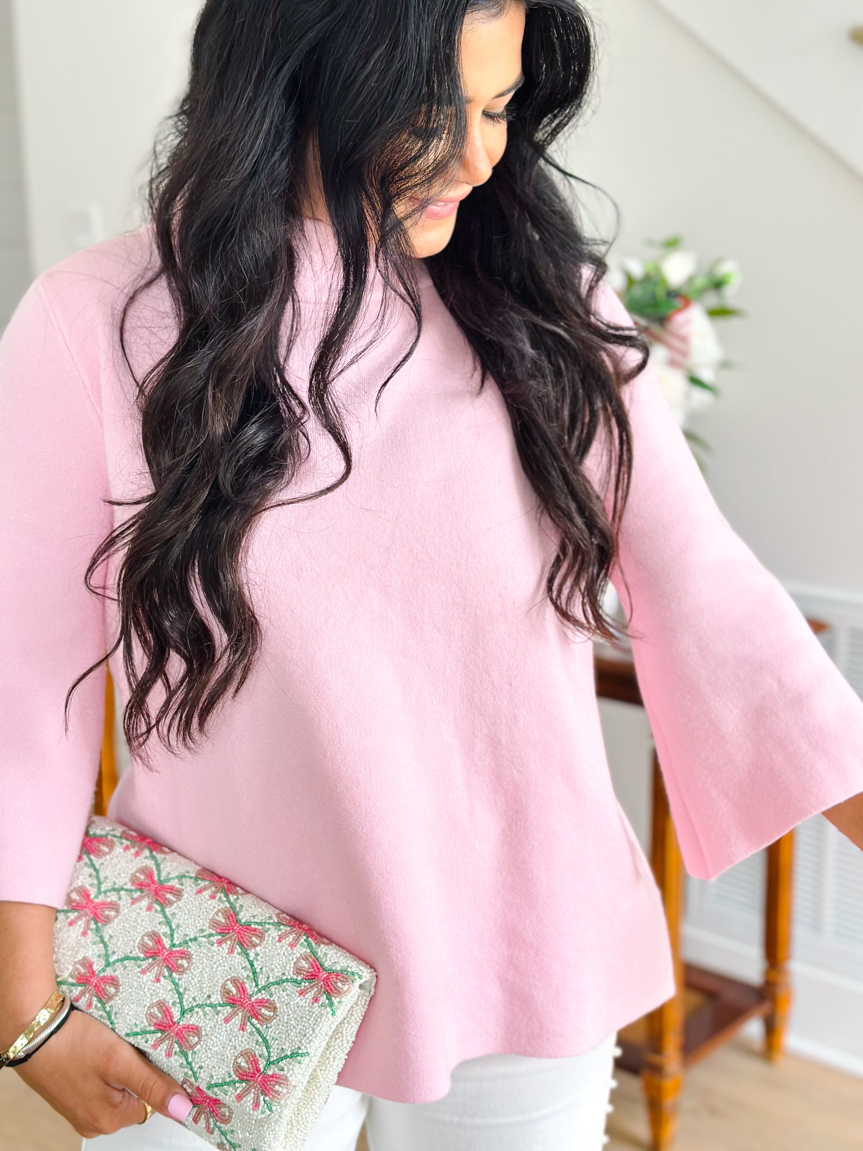 Melania Baby Pink Funnel Neck Bell Sleeve Top
