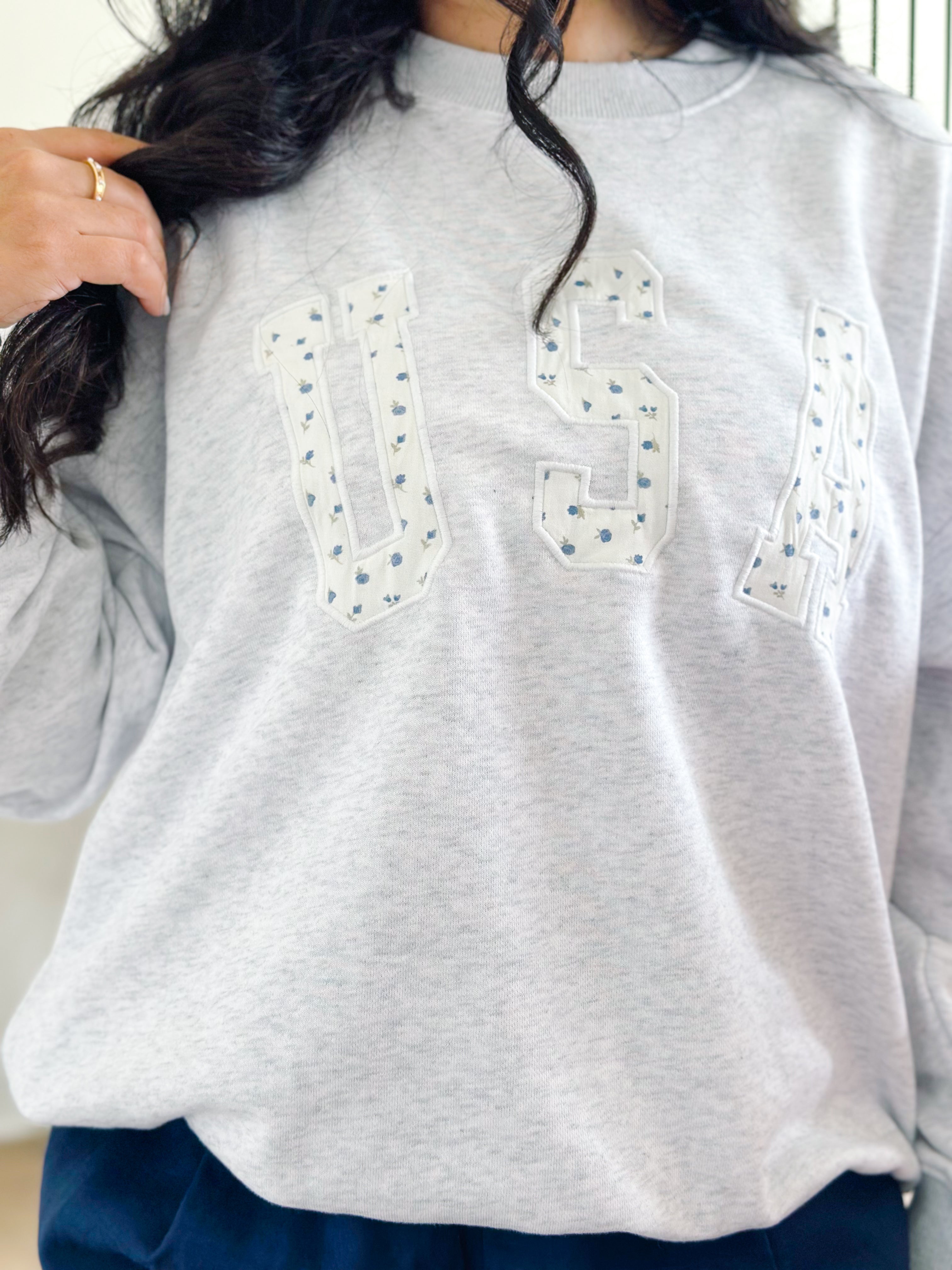 Born In The USA Blue & White Ditsy Graphic Oversized Sweatshirt