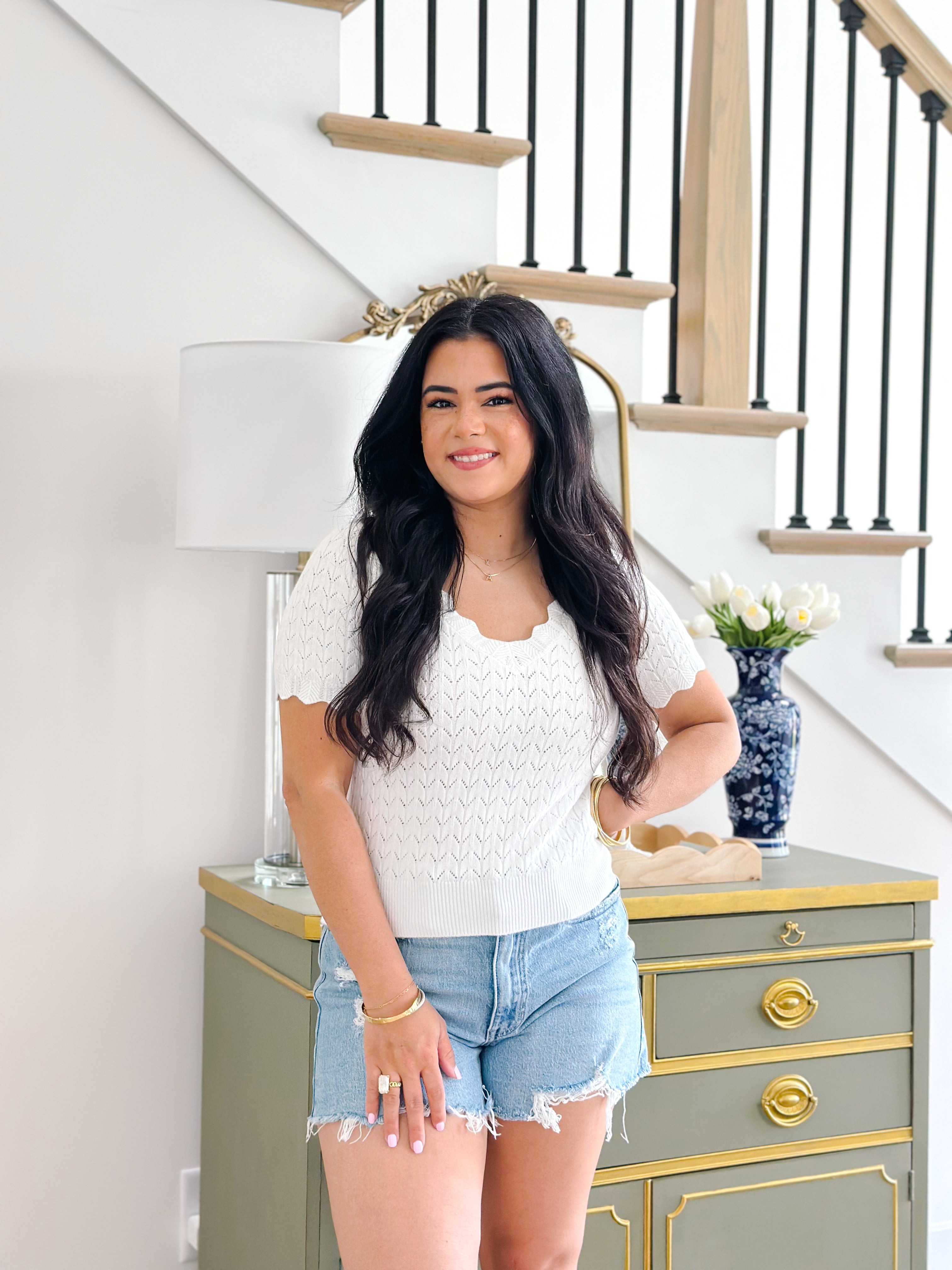 Susannah Pointelle V-Neck Short Sleeve Top- White - Southern Roots & Boots