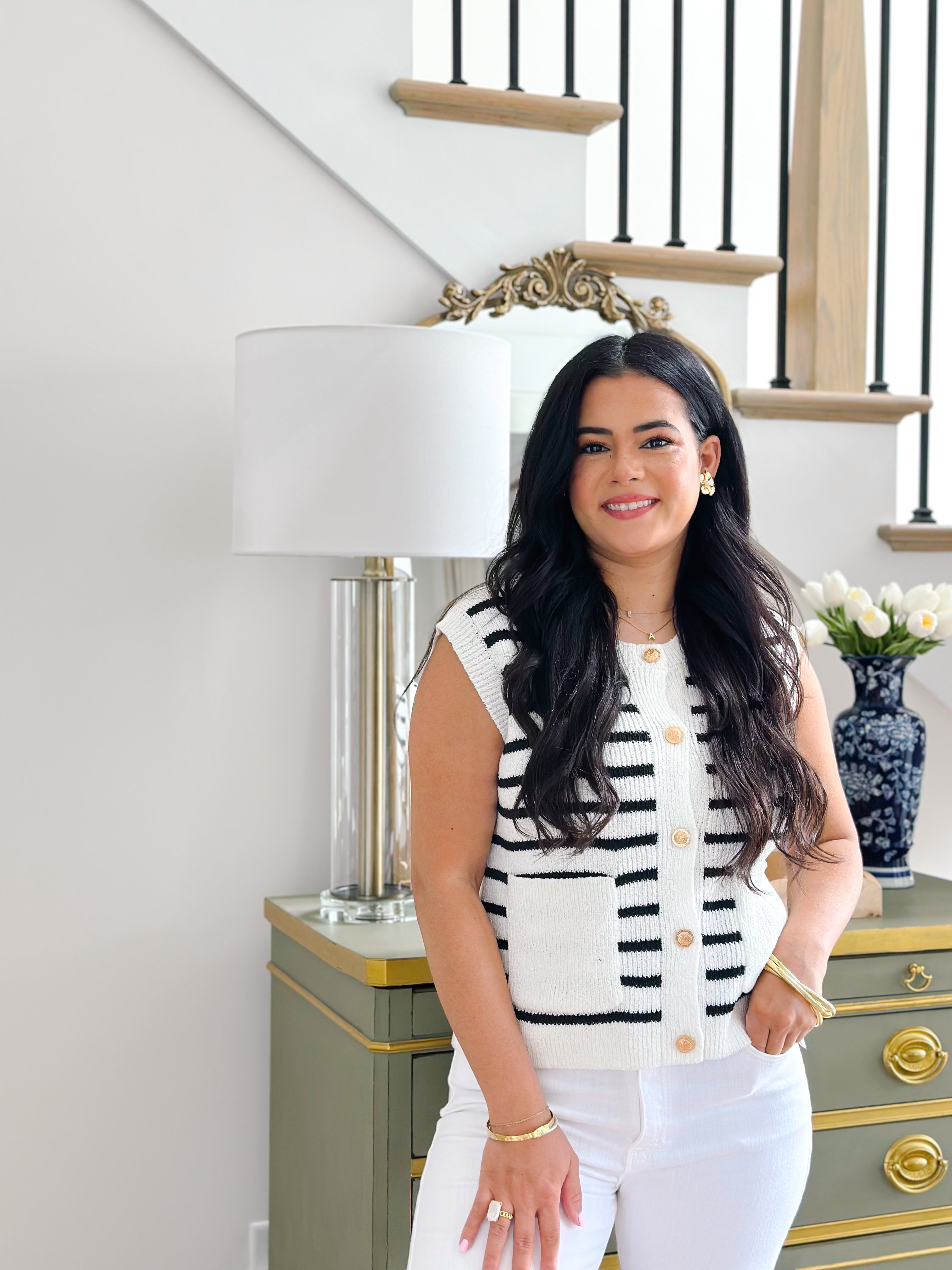 Laurel White & Black Striped Sweater Vest With Gold Buttons - Southern Roots & Boots