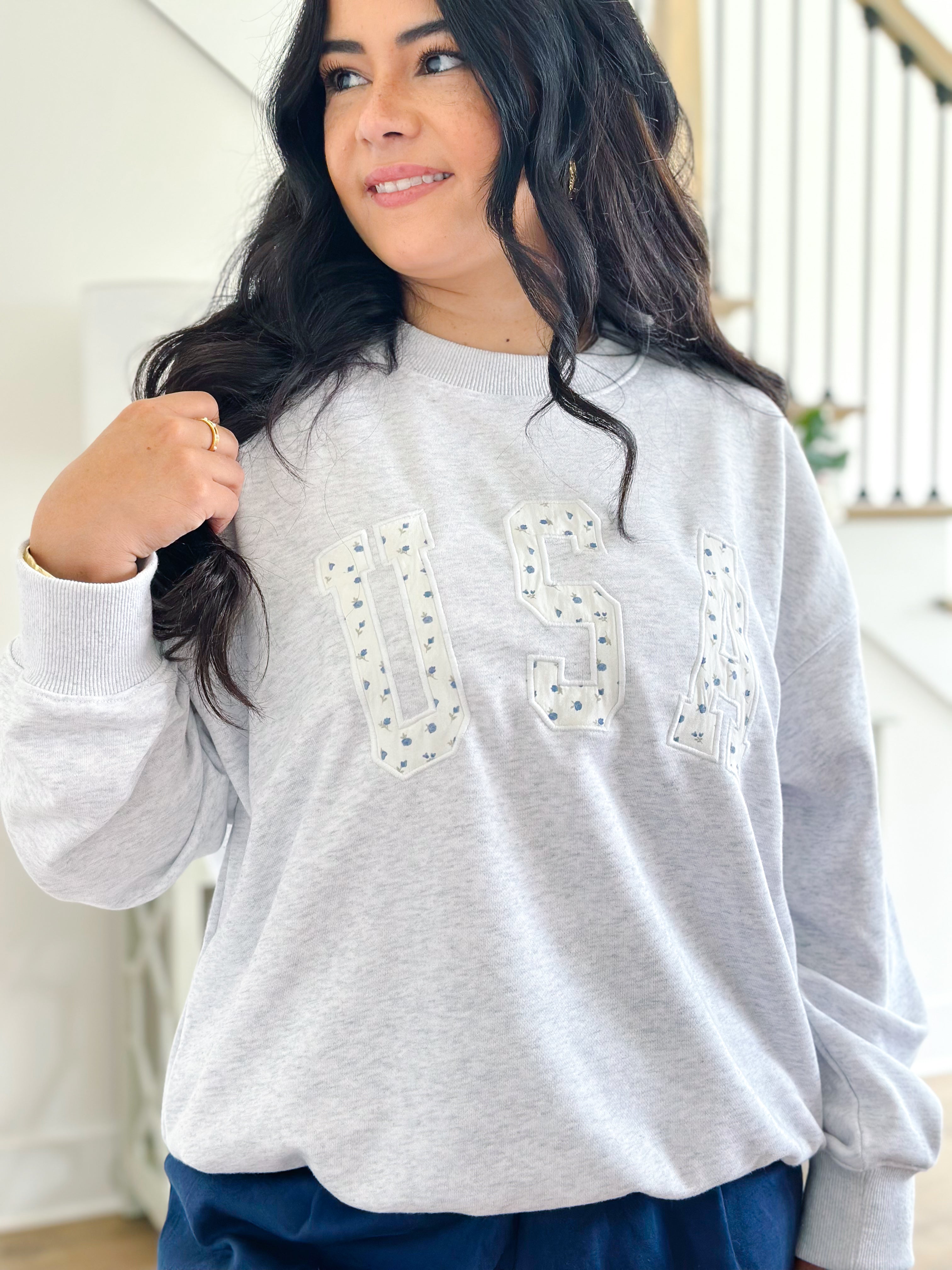 Born In The USA Blue & White Ditsy Graphic Oversized Sweatshirt