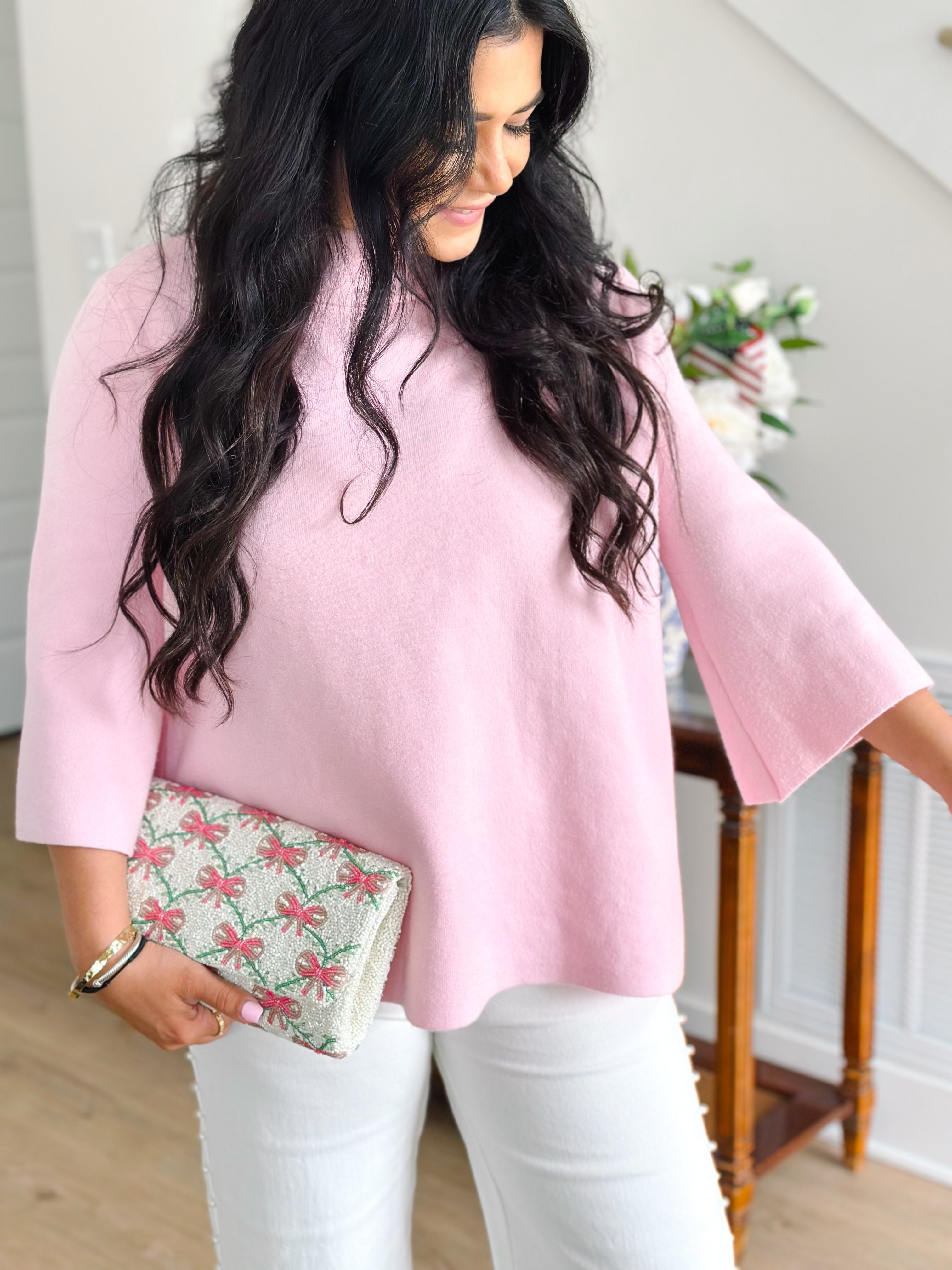 Melania Baby Pink Funnel Neck Bell Sleeve Top