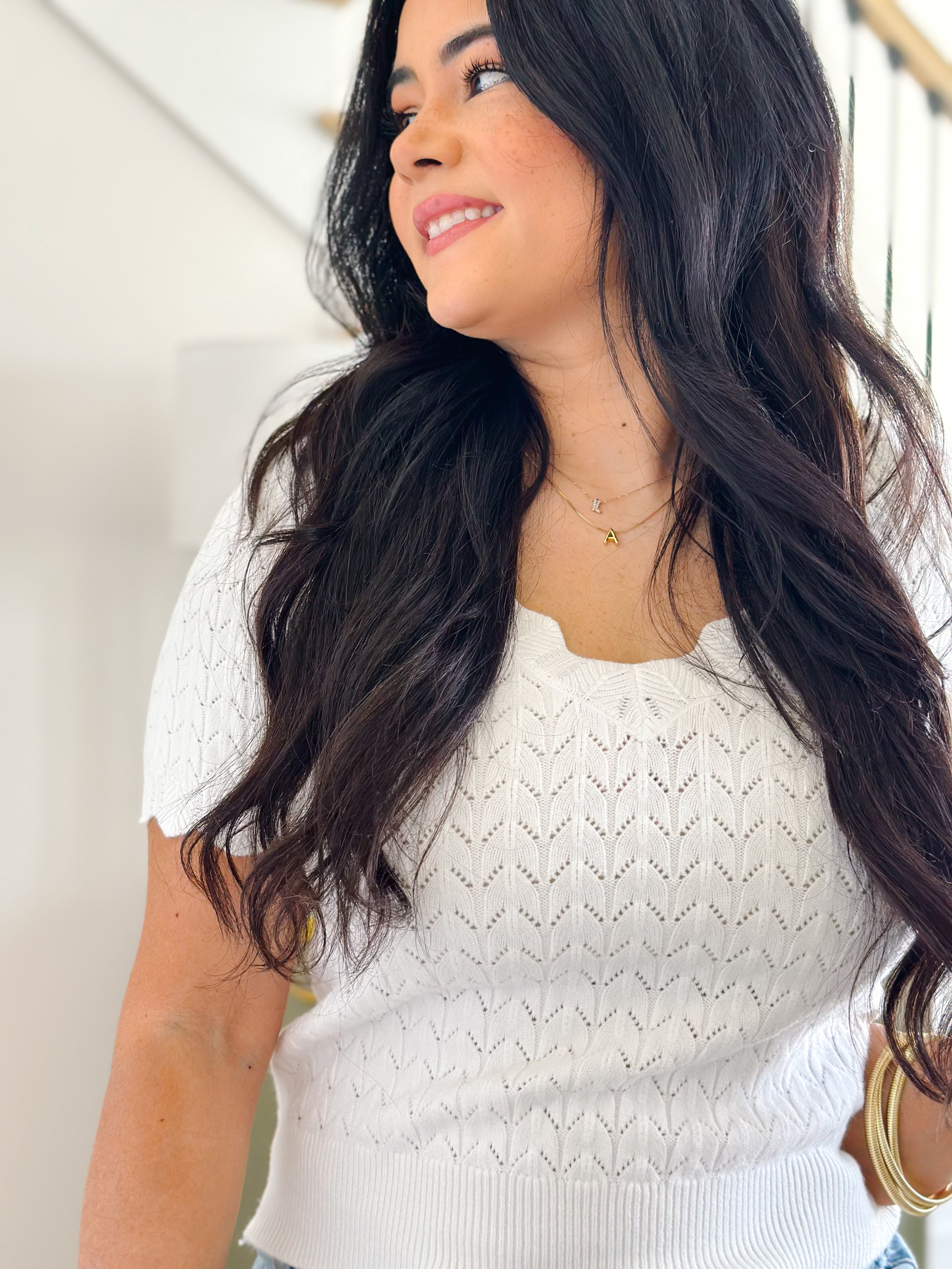 Susannah Pointelle V-Neck Short Sleeve Top- White - Southern Roots & Boots