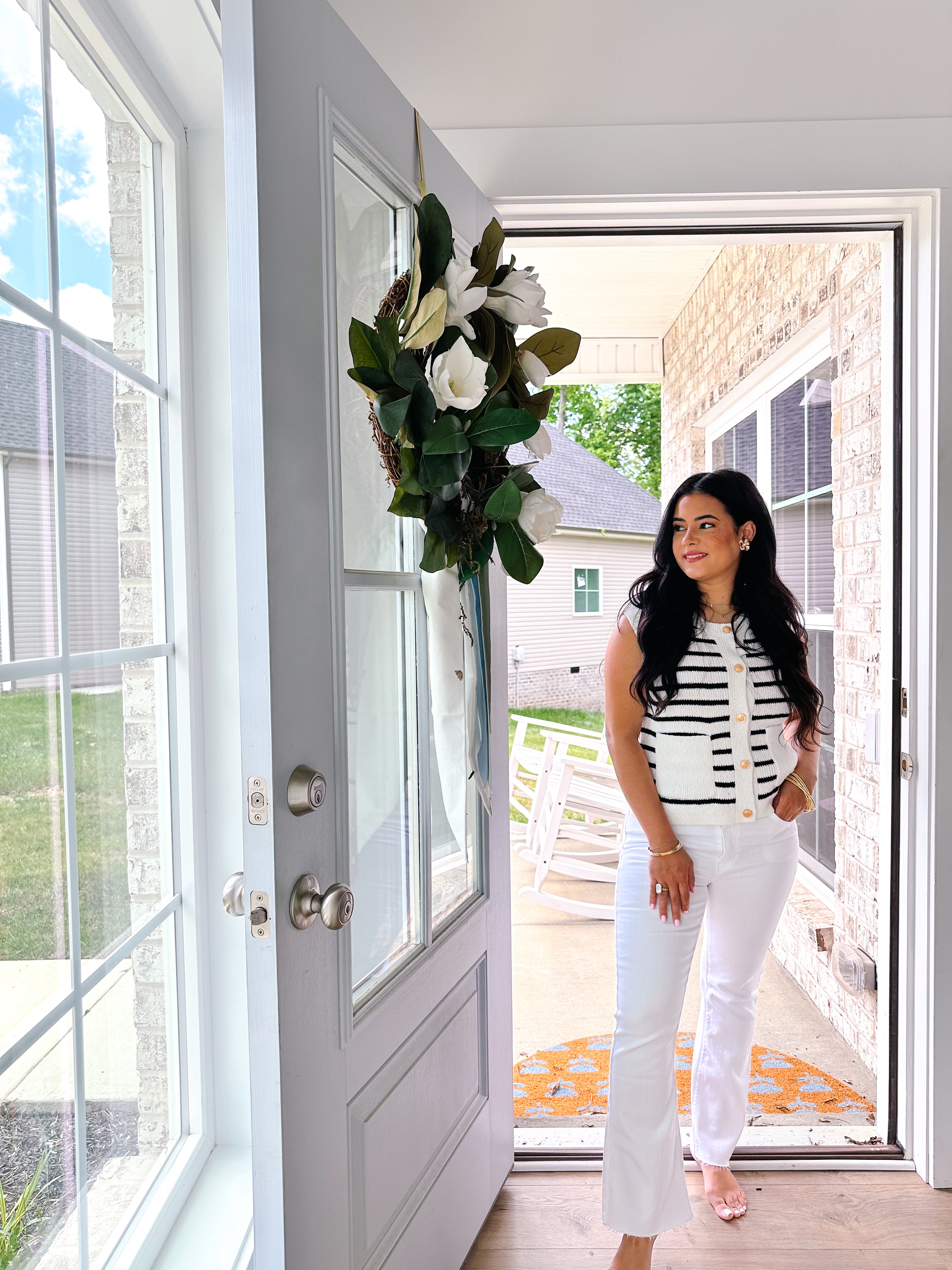 Laurel White & Black Striped Sweater Vest With Gold Buttons - Southern Roots & Boots