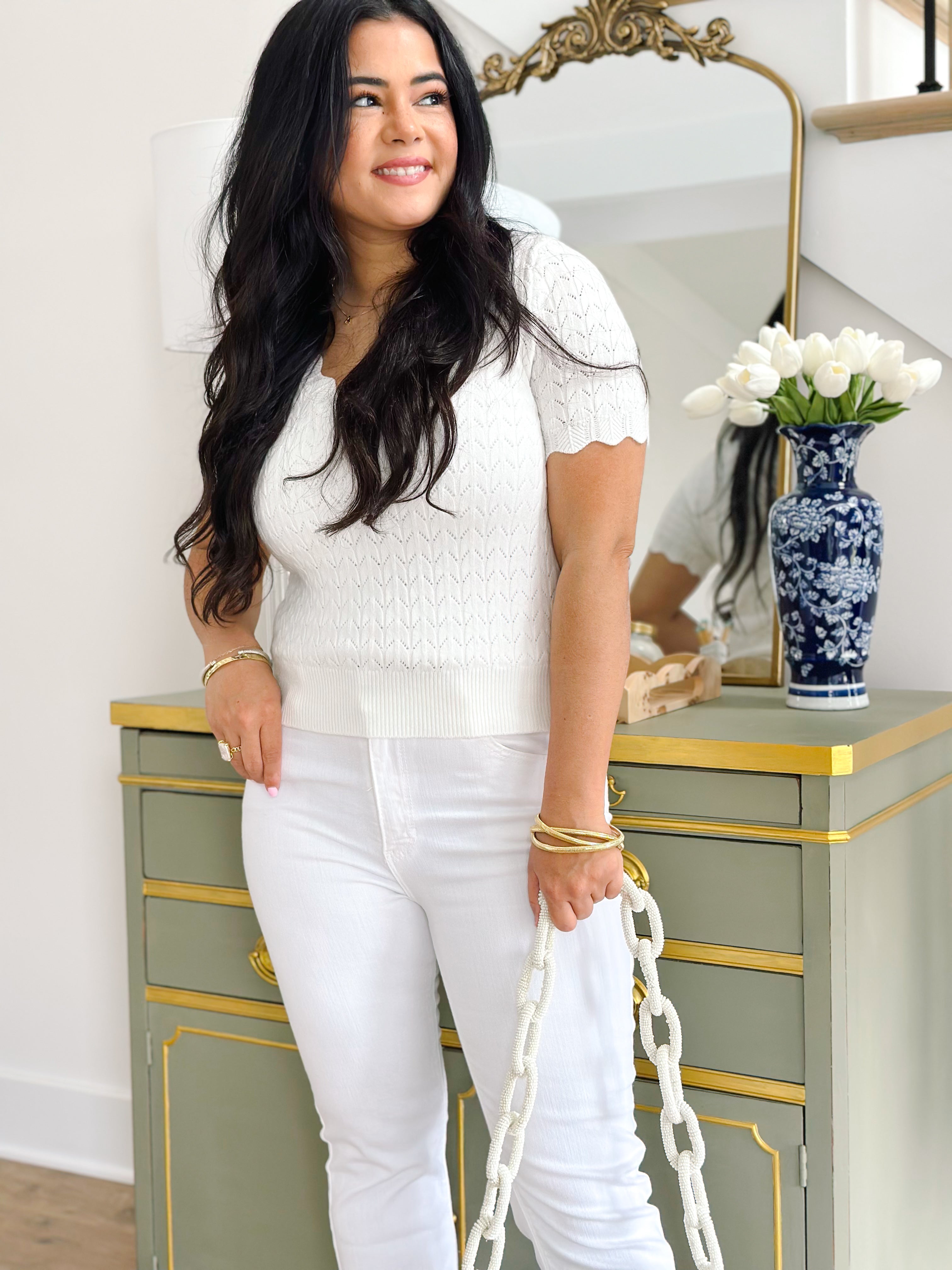 Susannah Pointelle V-Neck Short Sleeve Top- White - Southern Roots & Boots