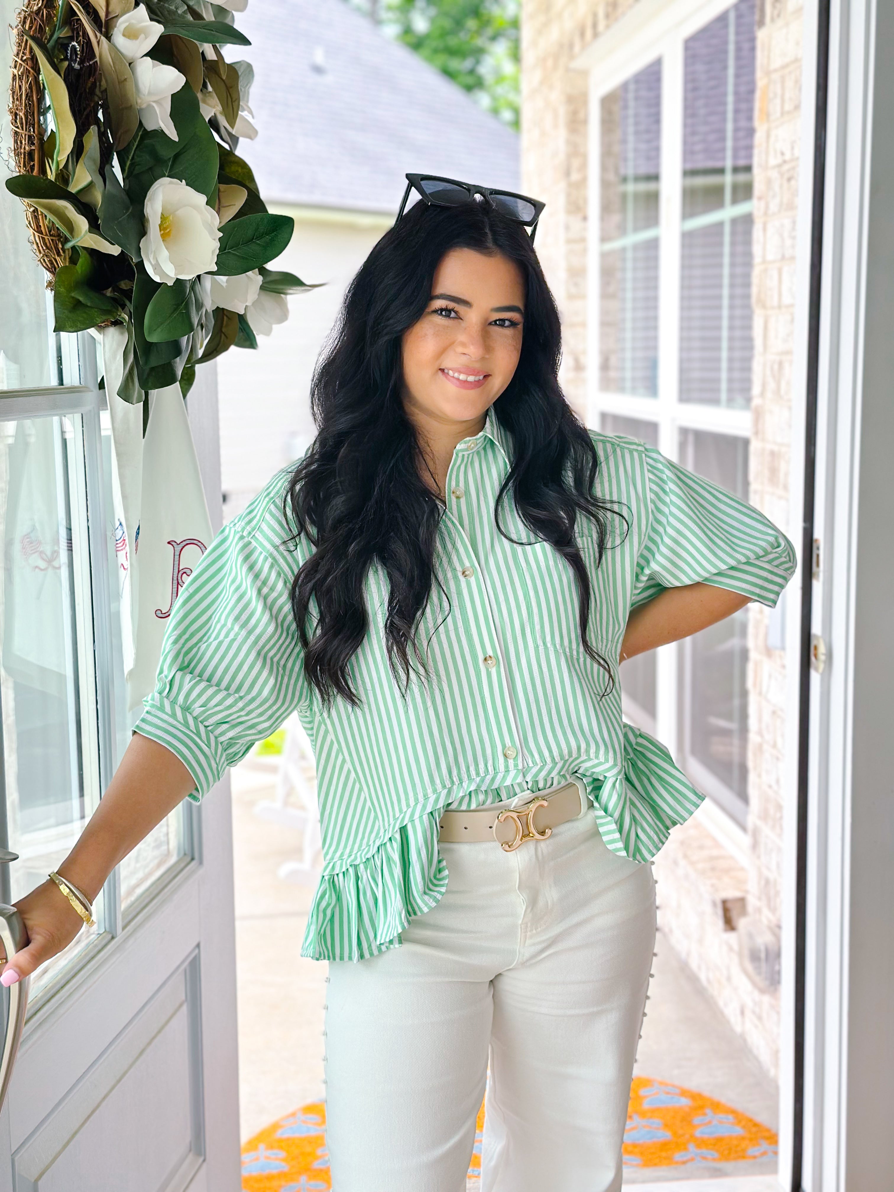 Fairway Green & White Button Down Stripe Short Sleeve Top