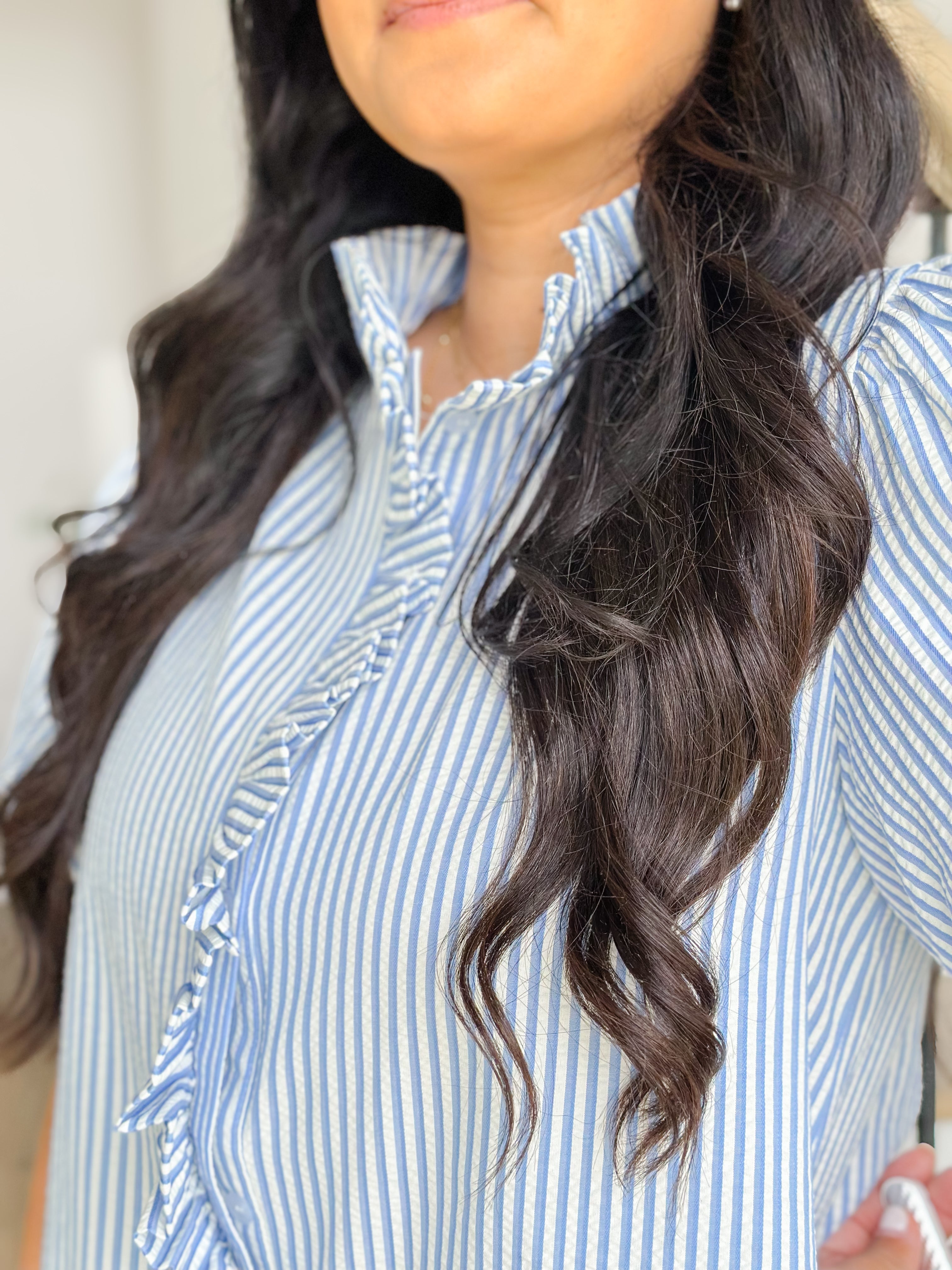 Beaufort Stripe Ruffle Button Down Top