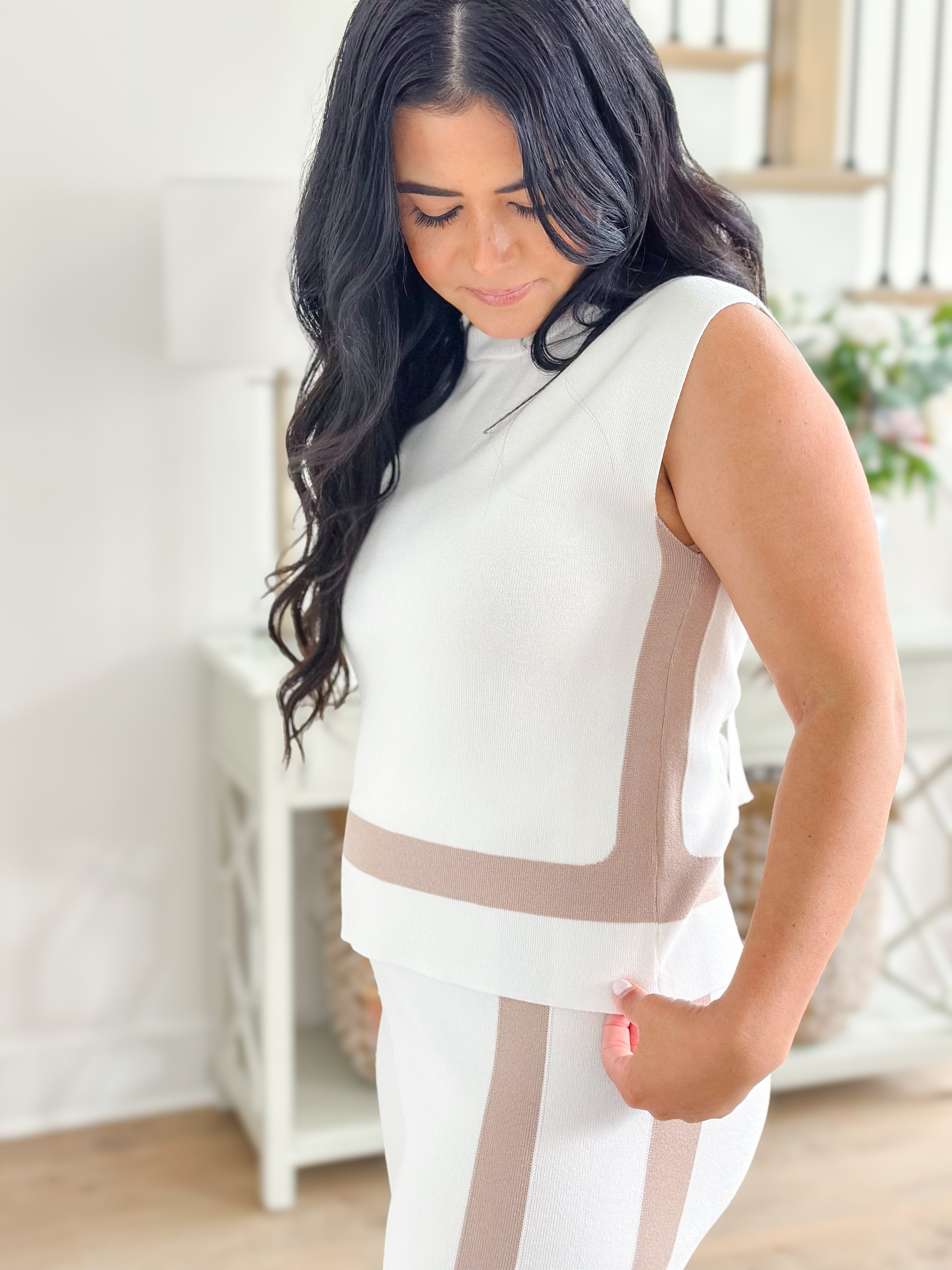 Magnolia Lounge Ivory & Taupe Back Tie Sleeveless Sweater Top & Wide Leg Pants Set