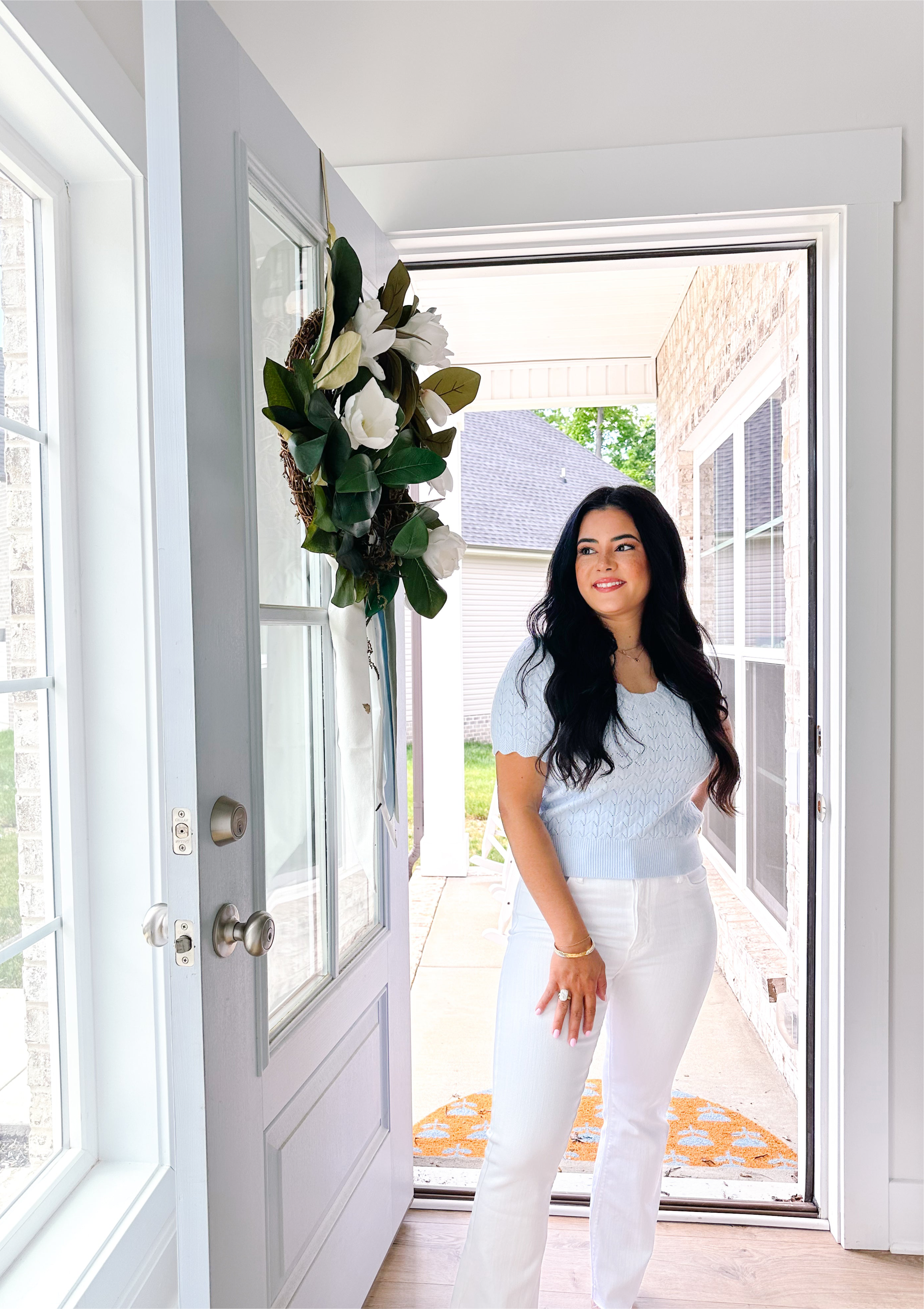 Susannah Pointelle V-Neck Short Sleeve Top- Sky Blue - Southern Roots & Boots