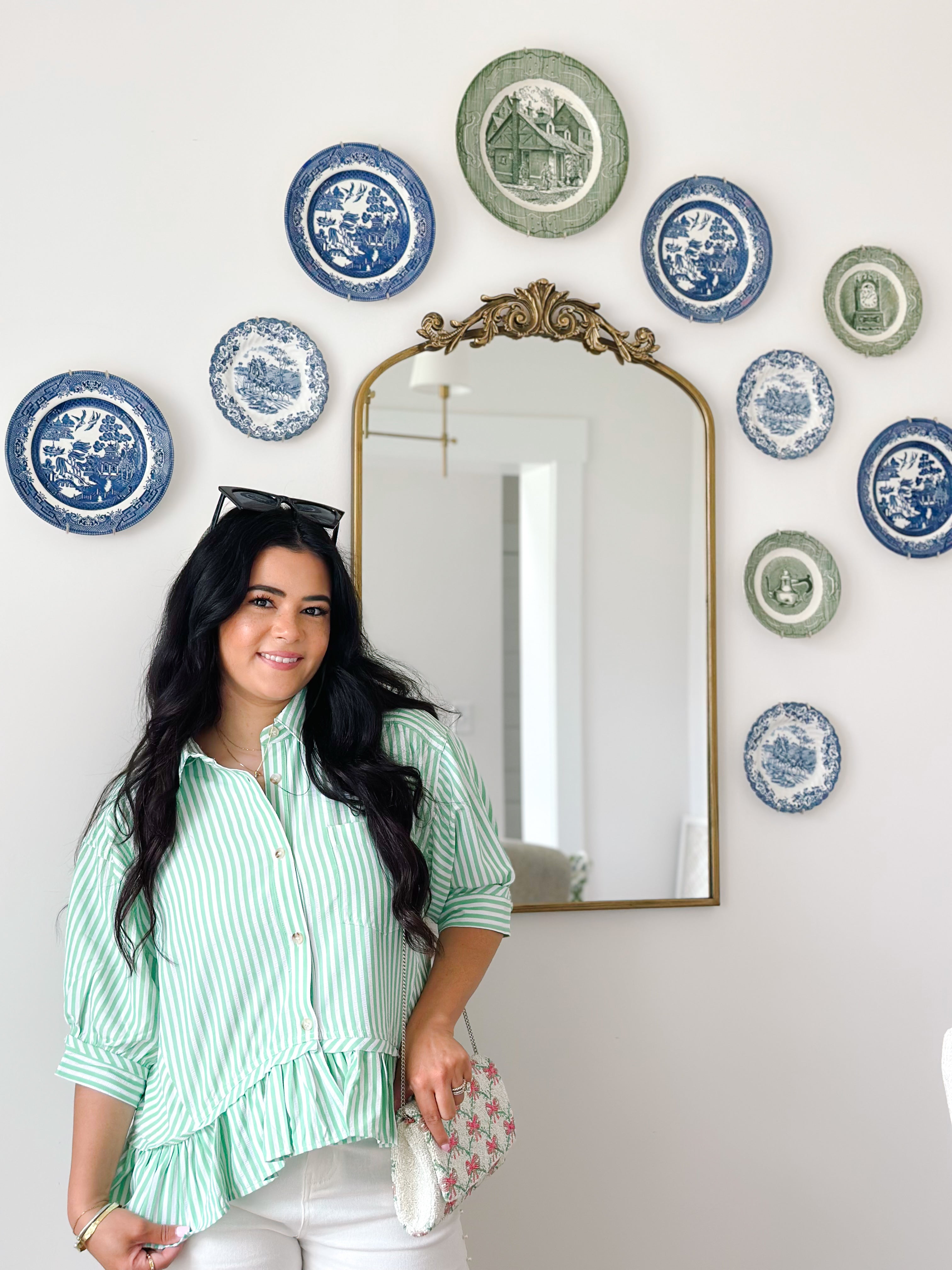 Fairway Green & White Button Down Stripe Short Sleeve Top