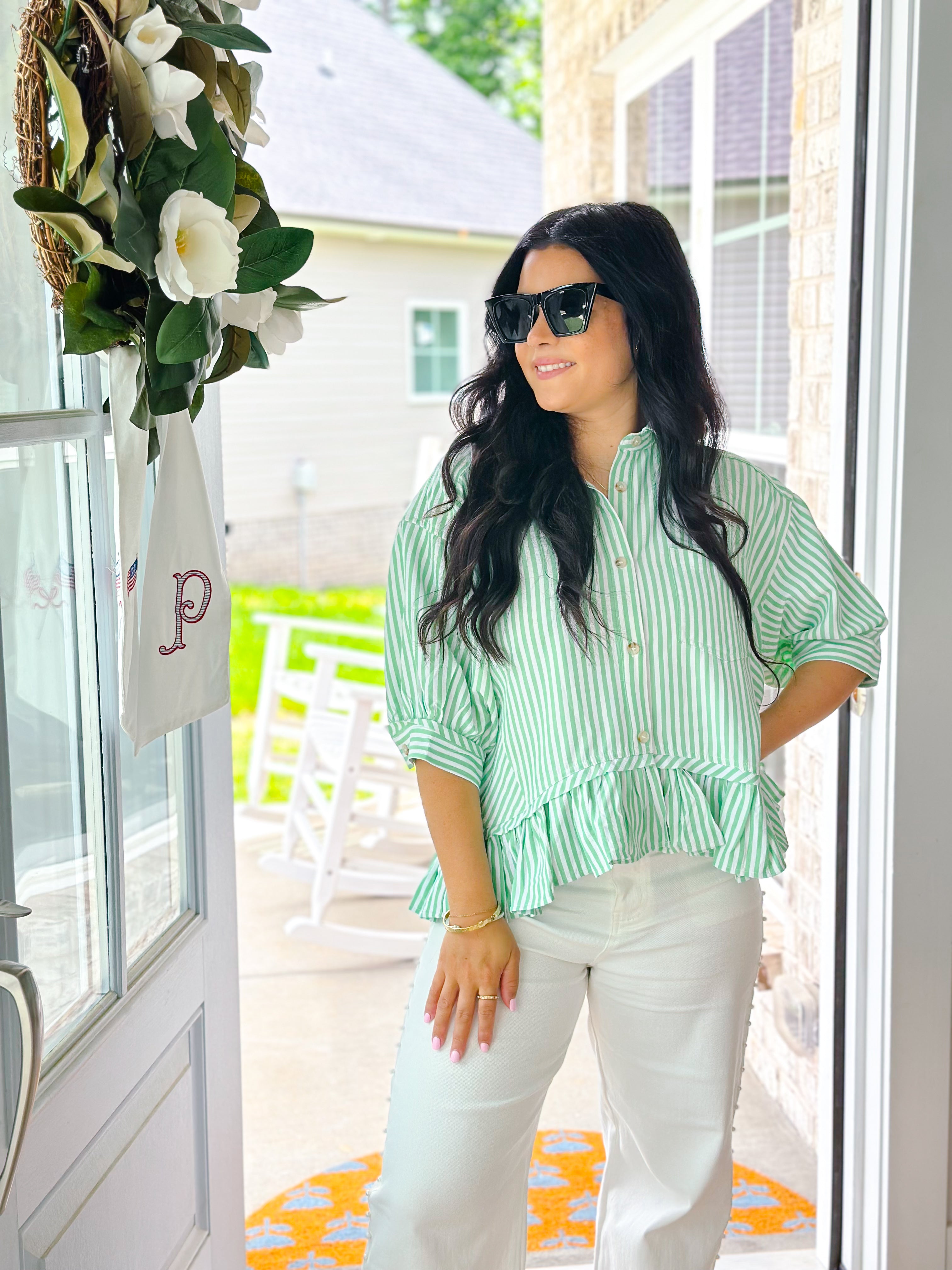 Fairway Green & White Button Down Stripe Short Sleeve Top