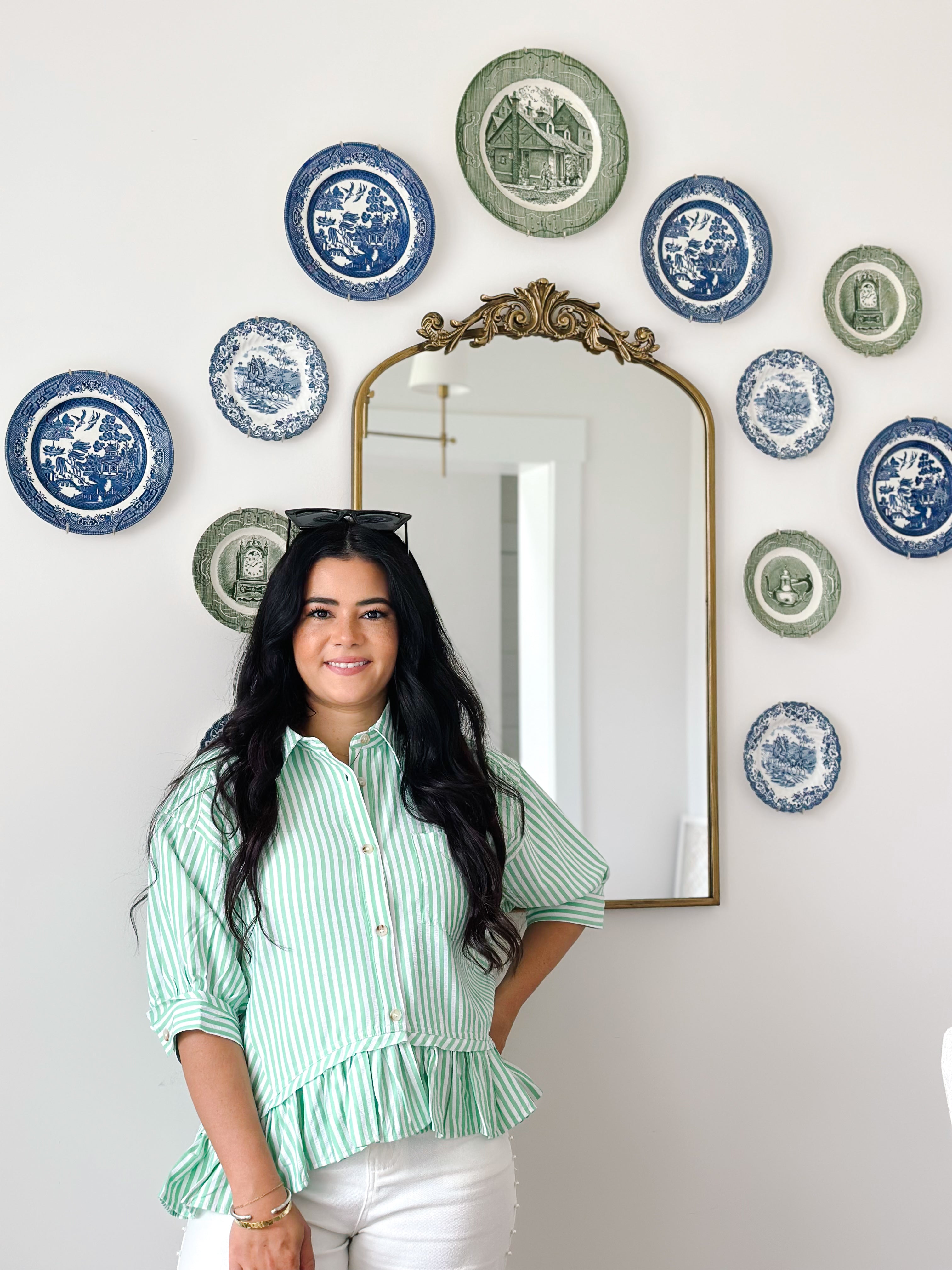 Fairway Green & White Button Down Stripe Short Sleeve Top
