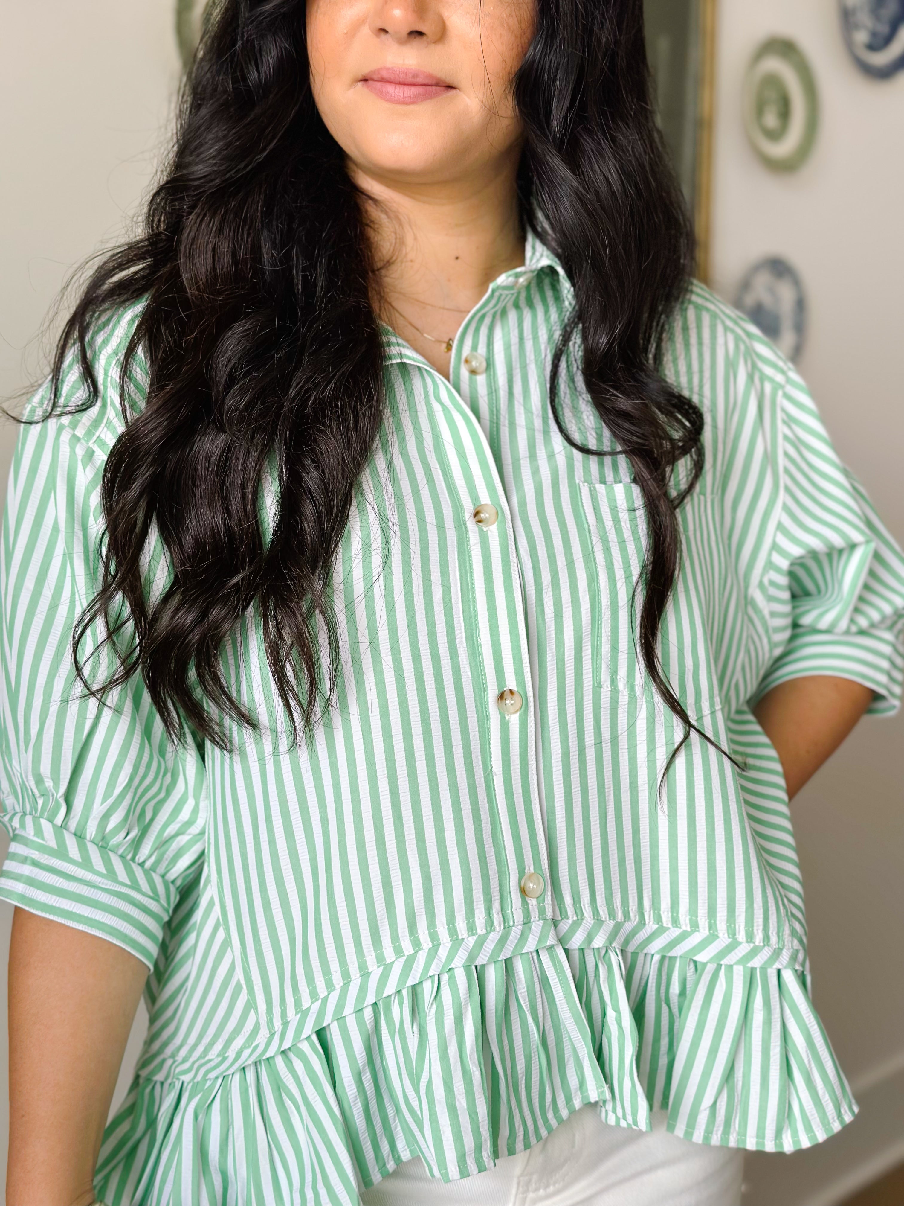 Fairway Green & White Button Down Stripe Short Sleeve Top