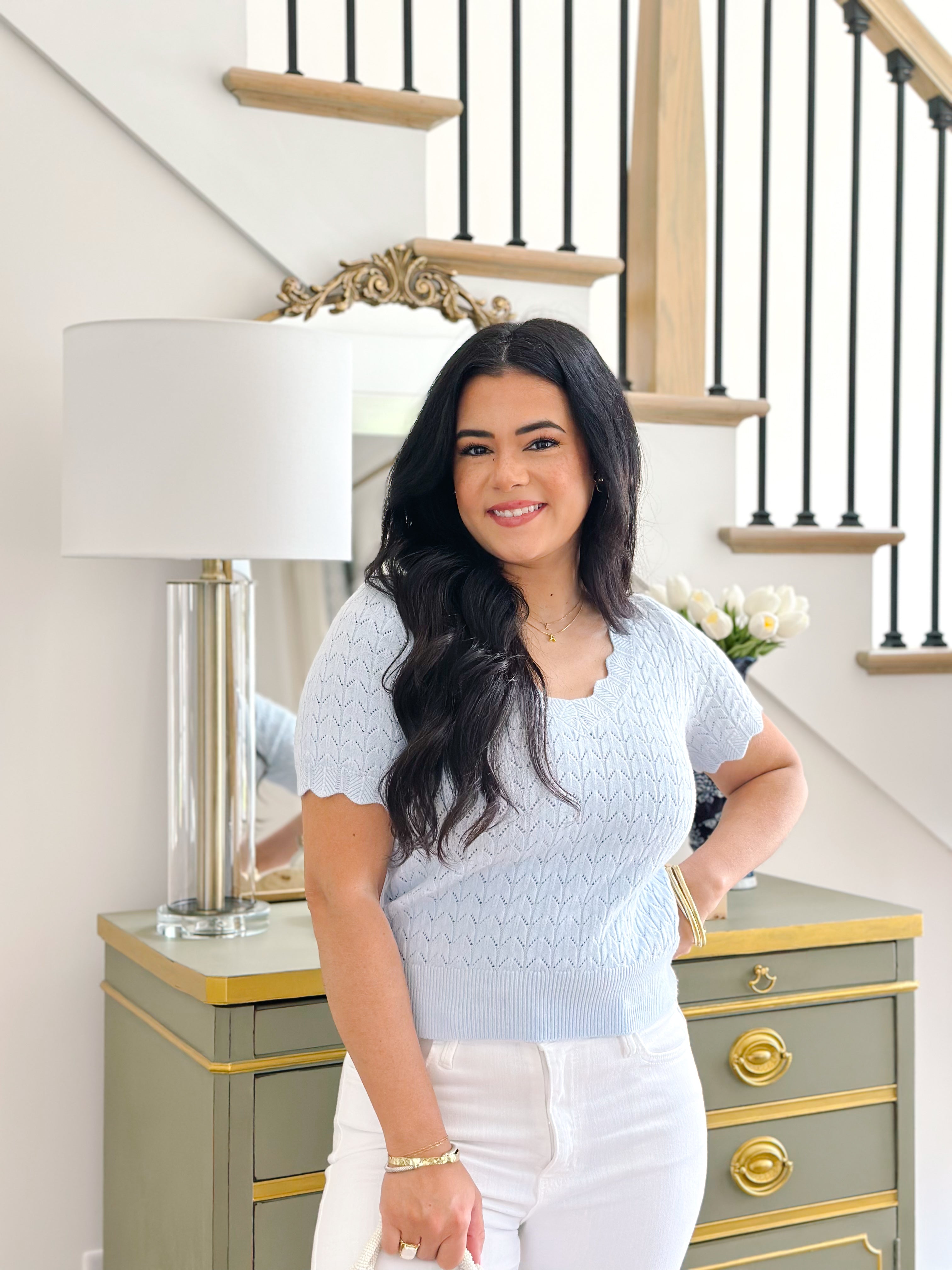 Susannah Pointelle V-Neck Short Sleeve Top- Sky Blue - Southern Roots & Boots