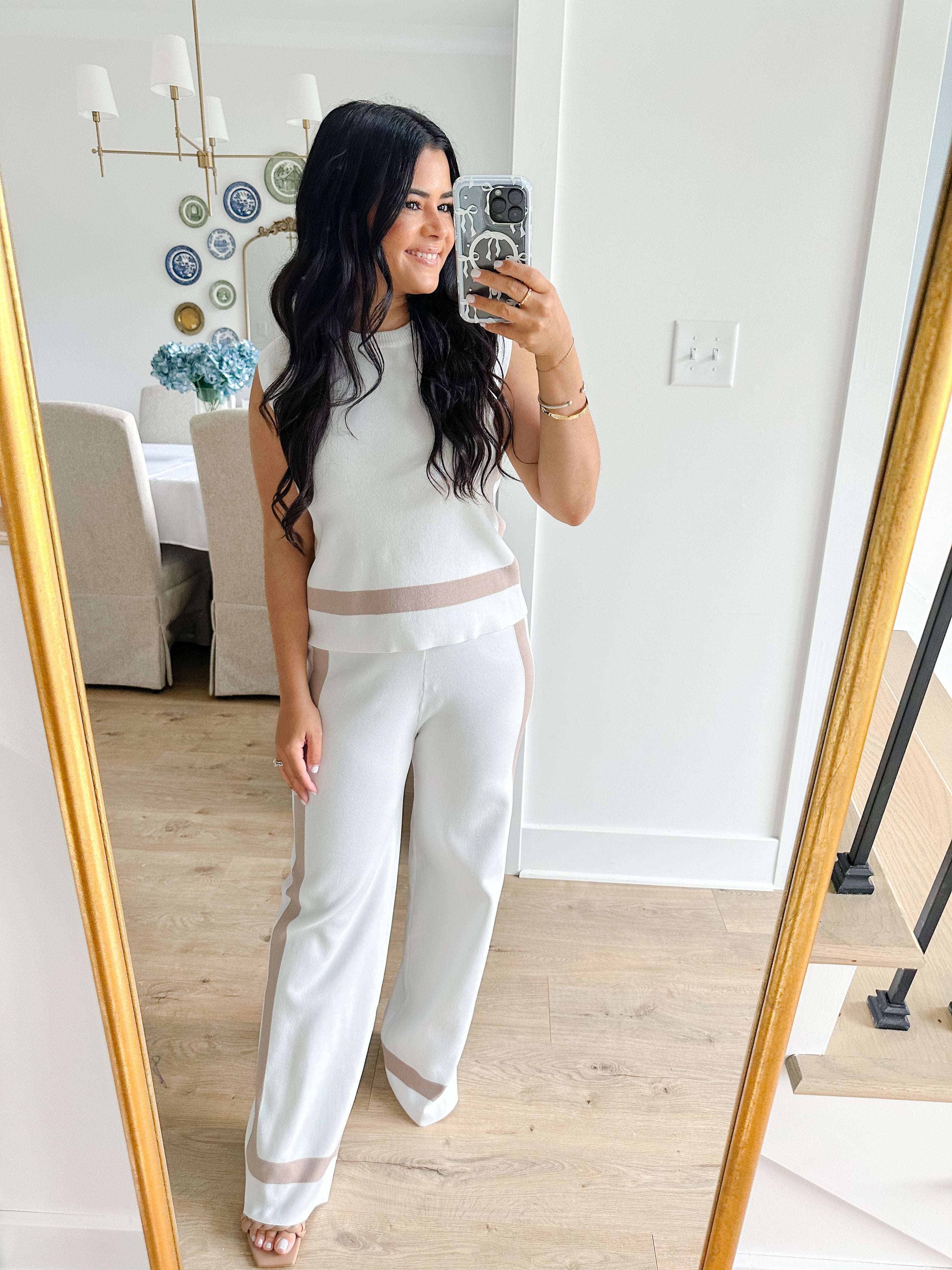 Magnolia Lounge Ivory & Taupe Back Tie Sleeveless Sweater Top & Wide Leg Pants Set