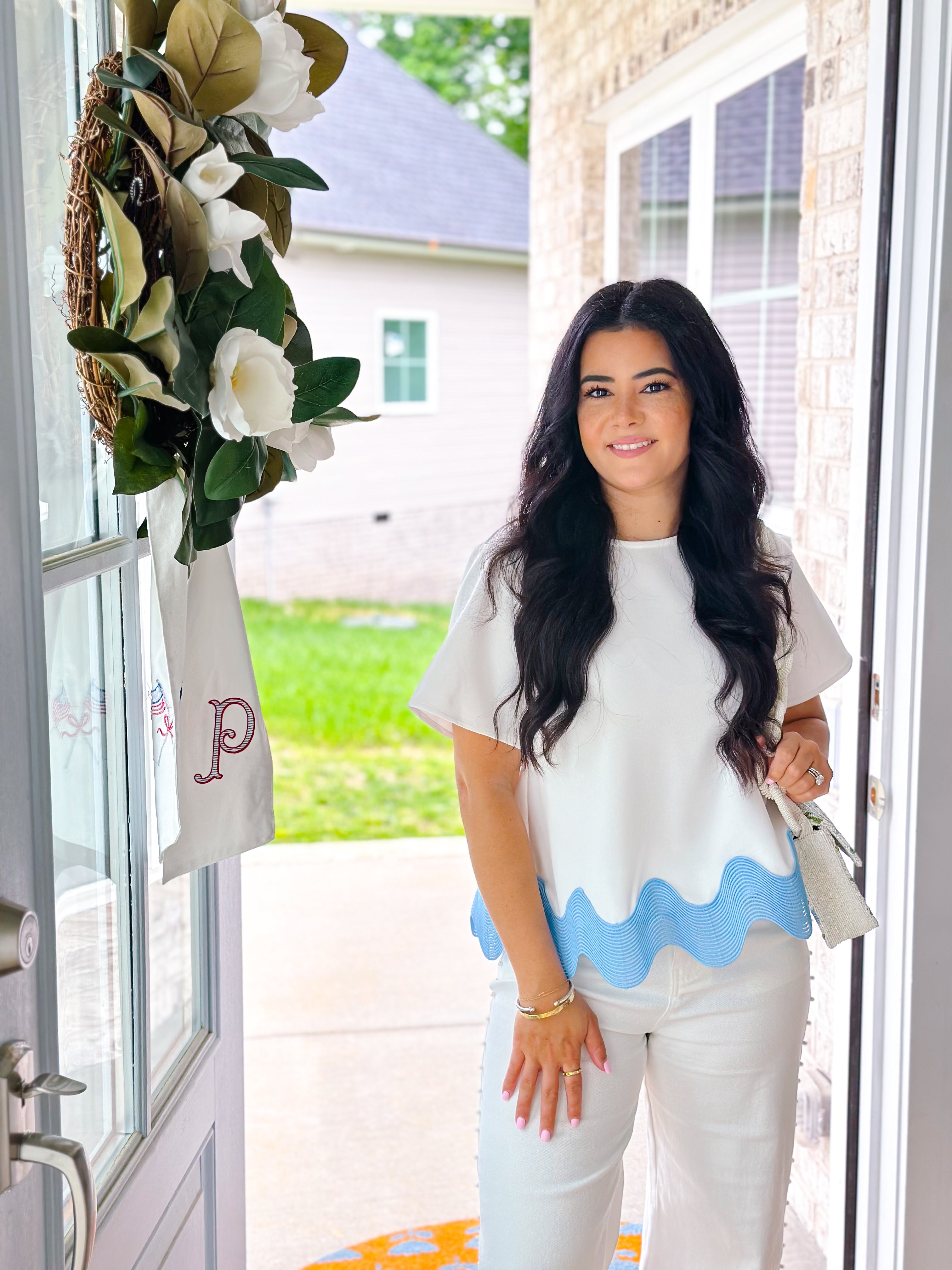 Savannah Blue & White Scallop Top
