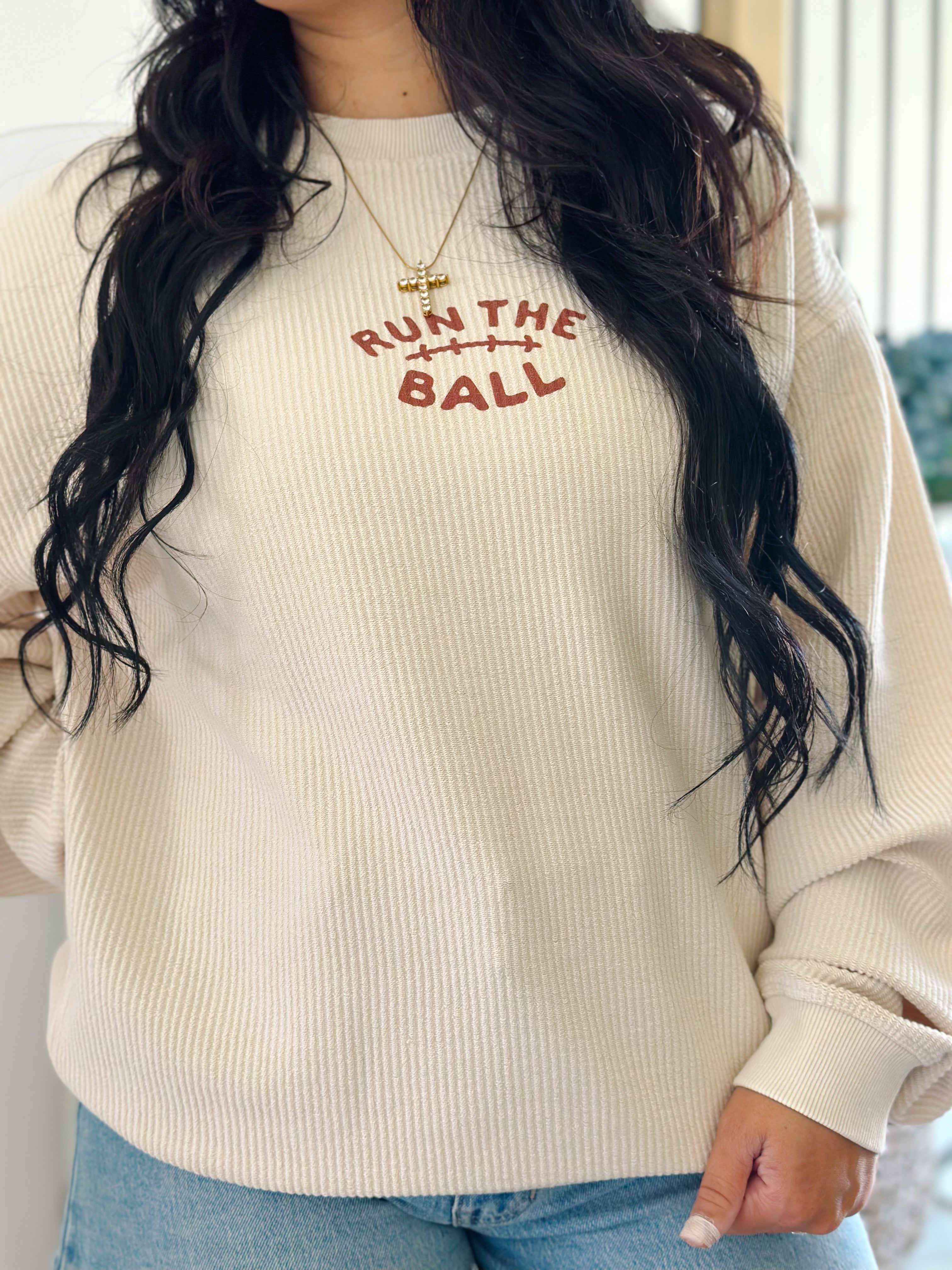 Run The Ball Oversized Oatmeal Corded Crew Pullover - Southern Roots & Boots